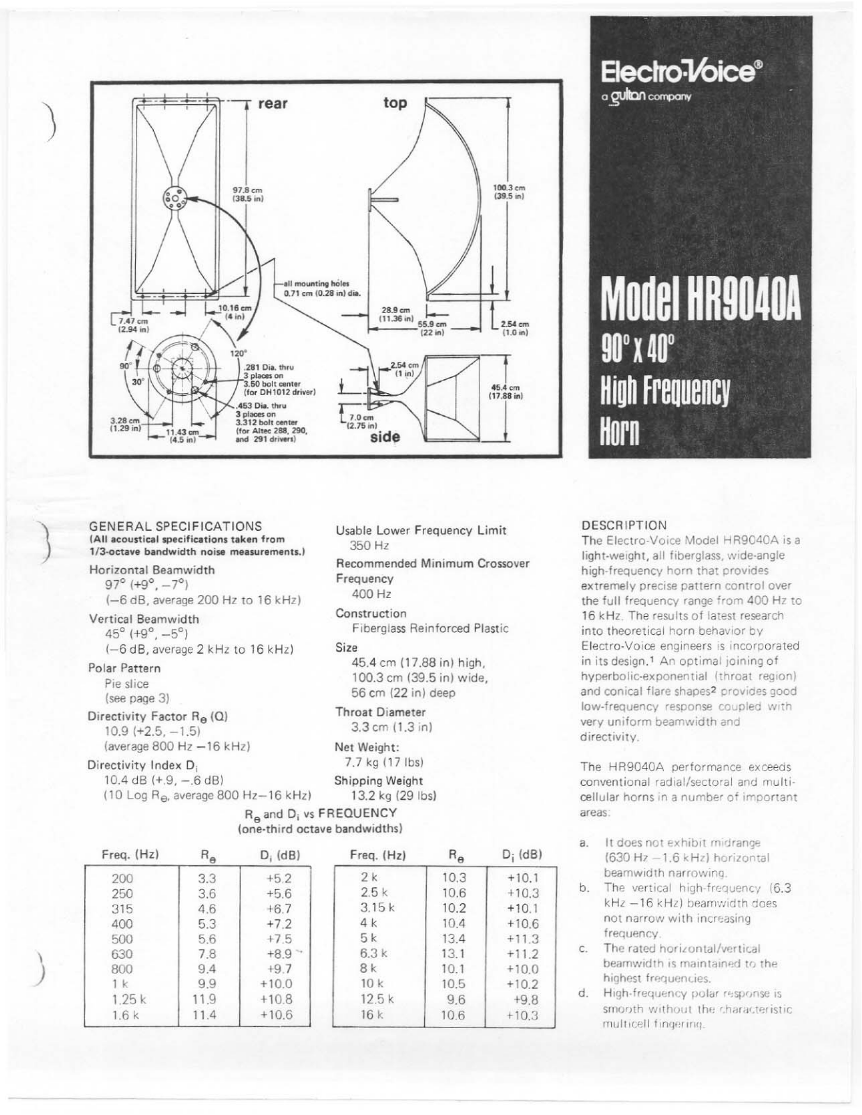 Electro-voice HR9040A DATASHEET