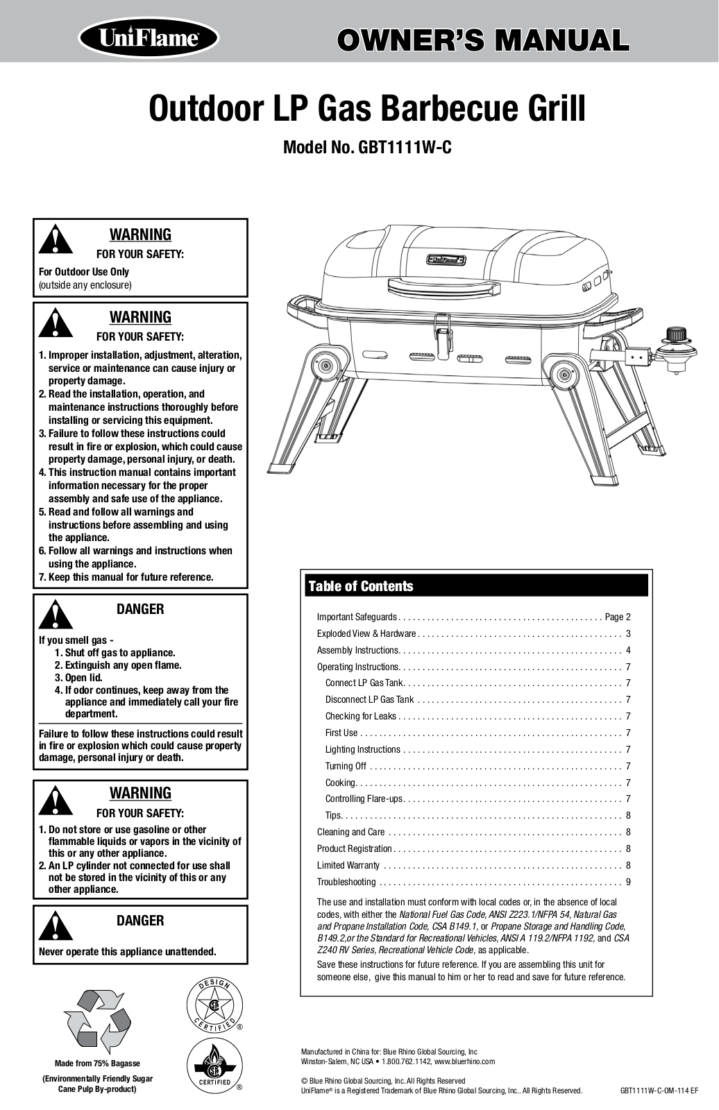 Uniflame GBT1111W-C User Manual
