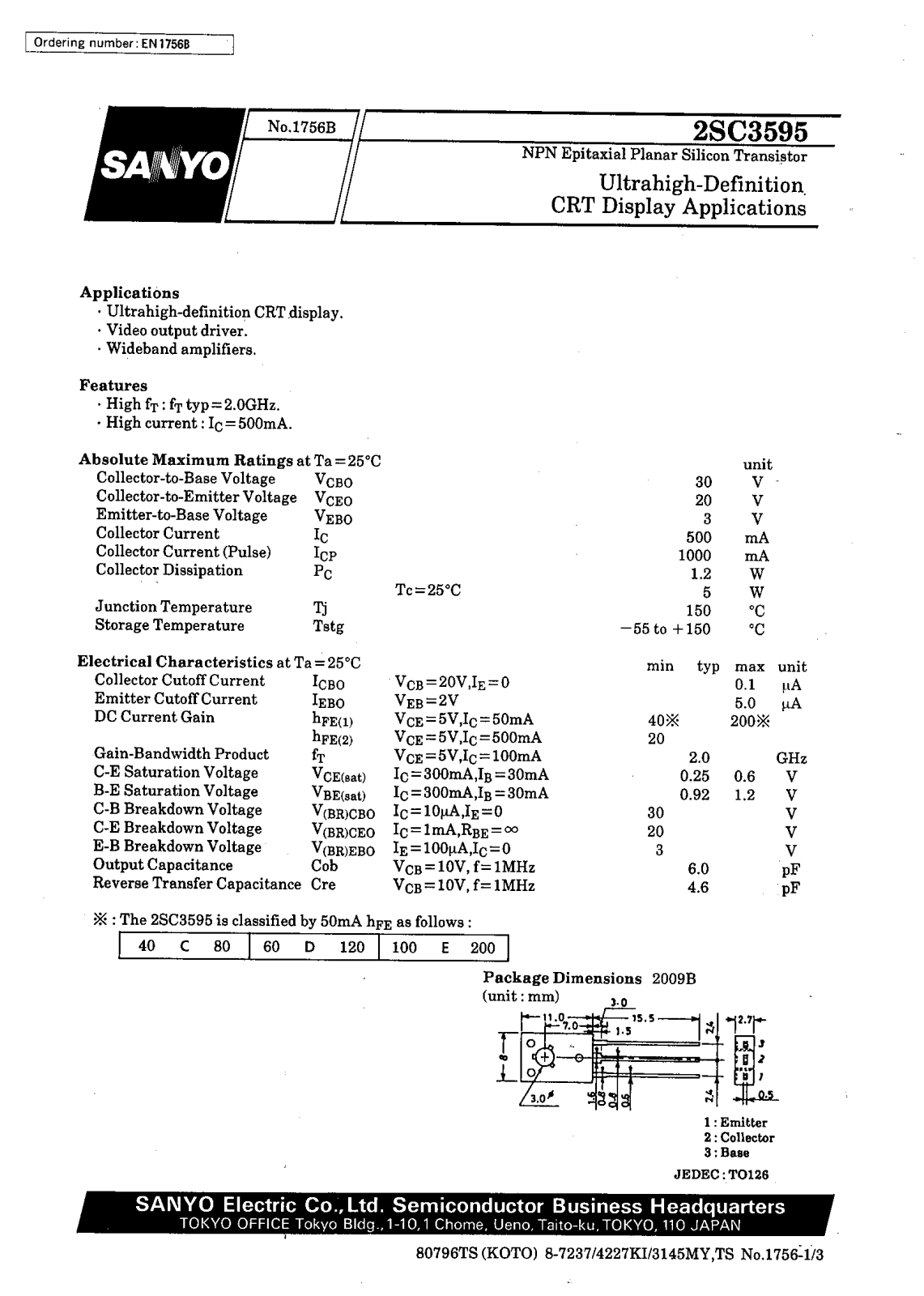 SANYO 2SC3595 Datasheet