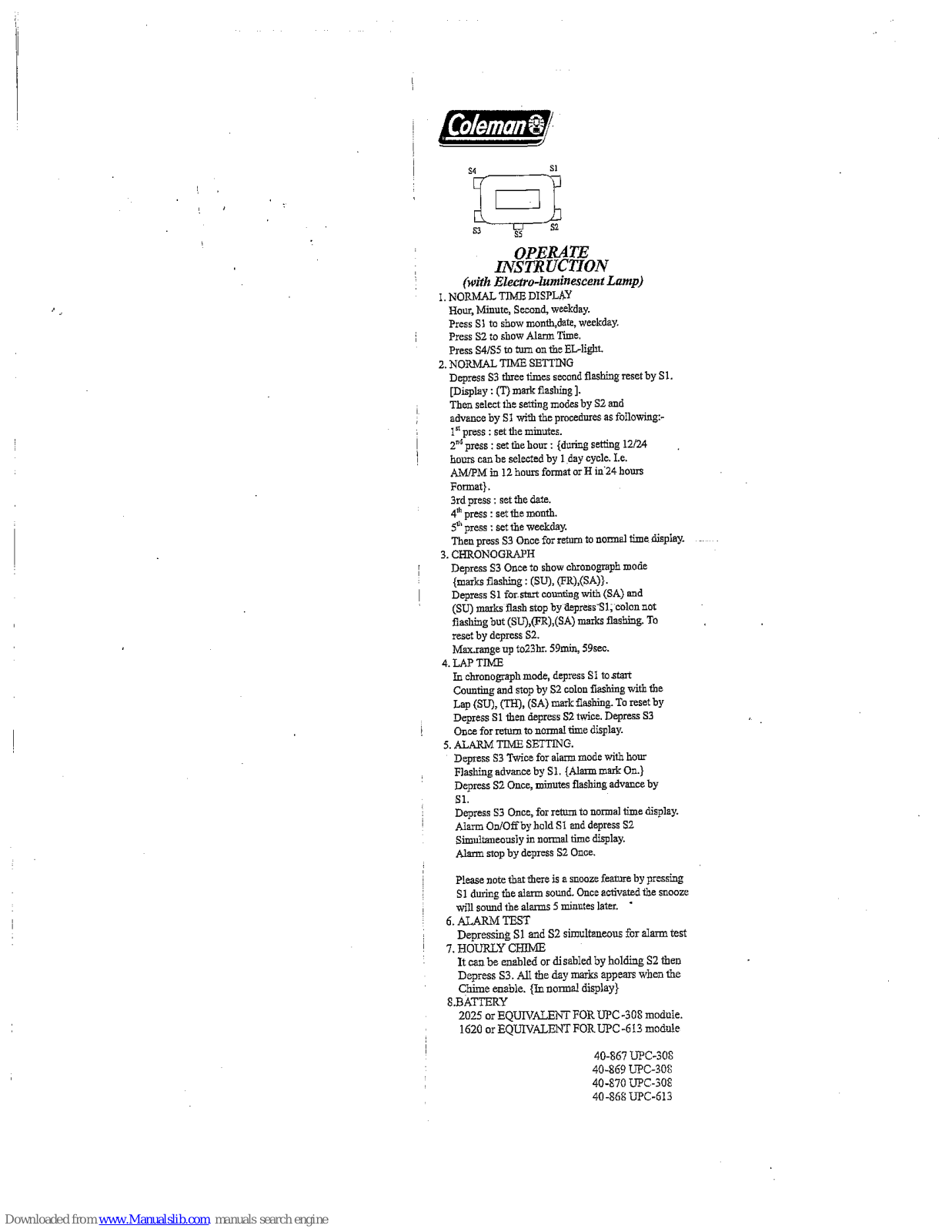 Coleman 40-867, 40-869, 40-870, UPC-308, UPC-613 Operating Instructions Manual