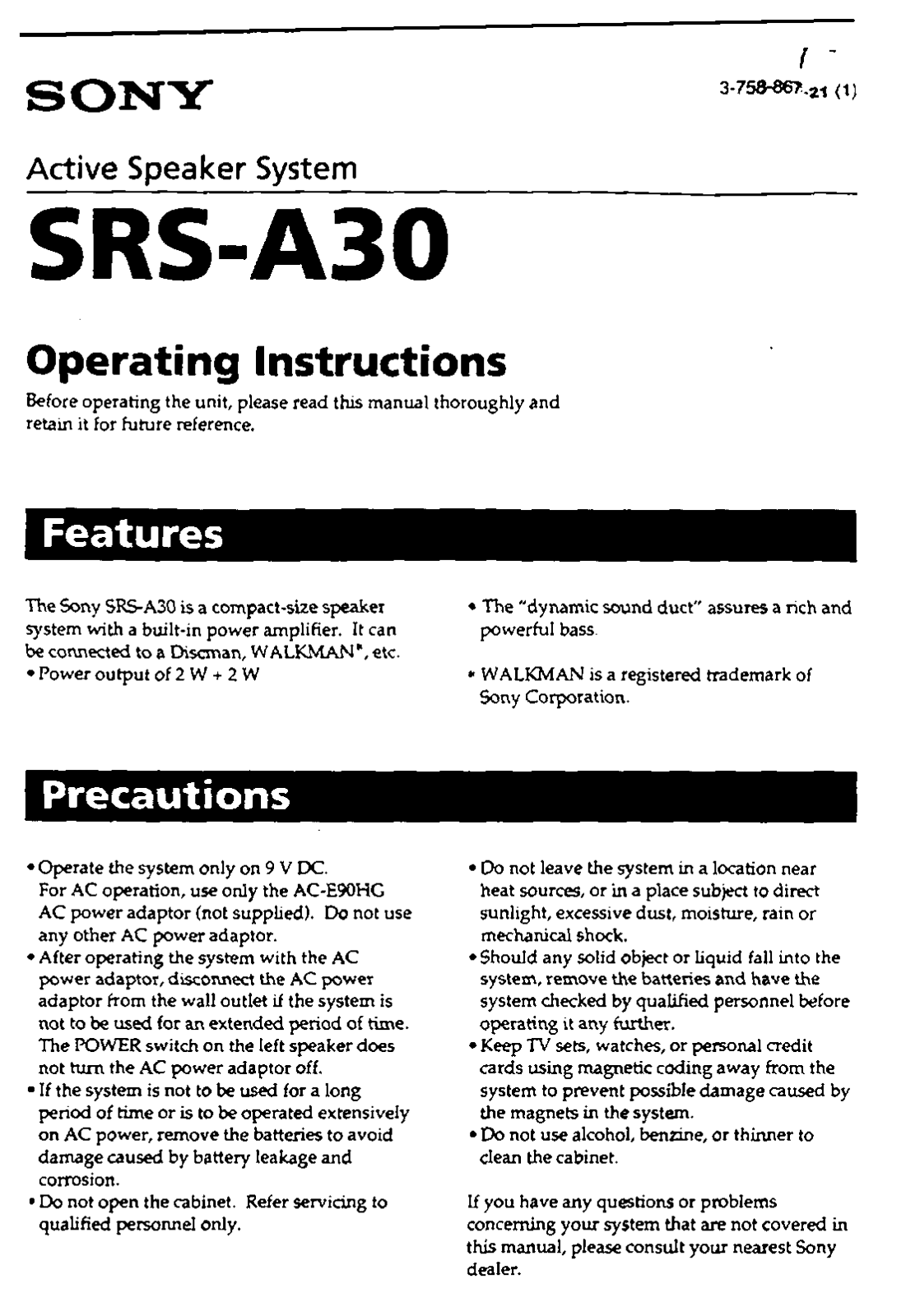 Sony SRSA30 User Manual