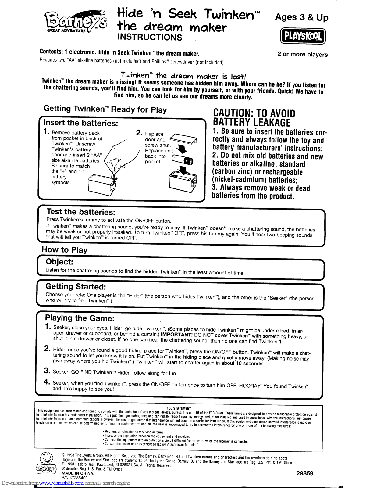 Playskool Barney Hide'n Seek Twinken the Dream Maker Instructions Manual