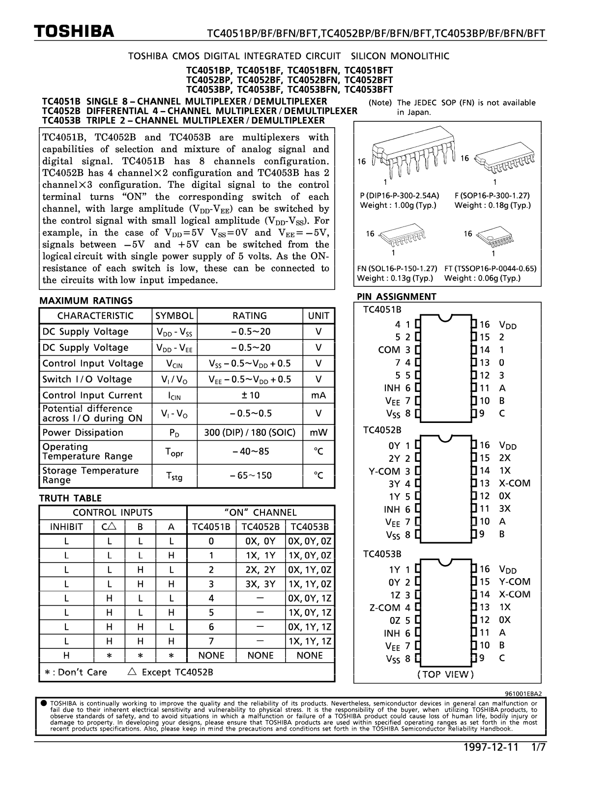 Toshiba TC4052BF, TC4051BF, TC4051BFN Datasheet