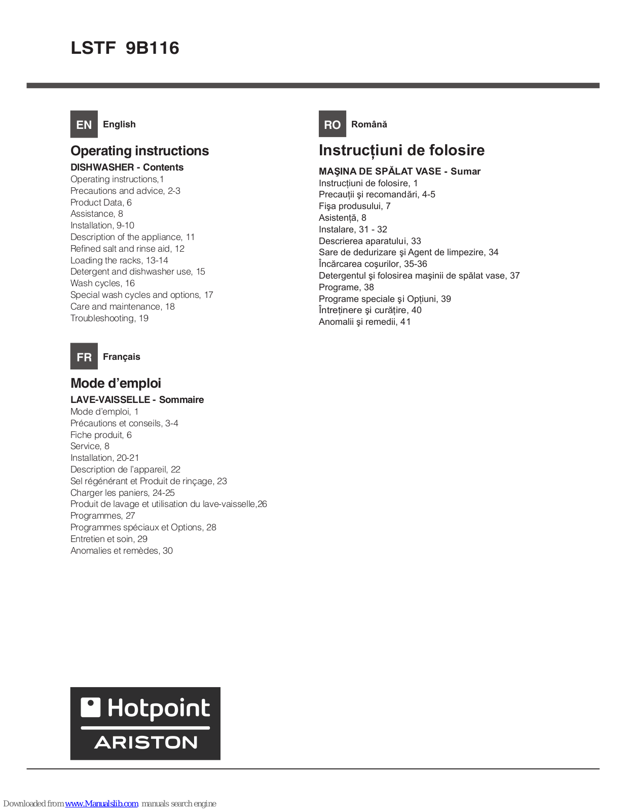 Hotpoint Ariston LSTF 9B116 Operating Instructions Manual