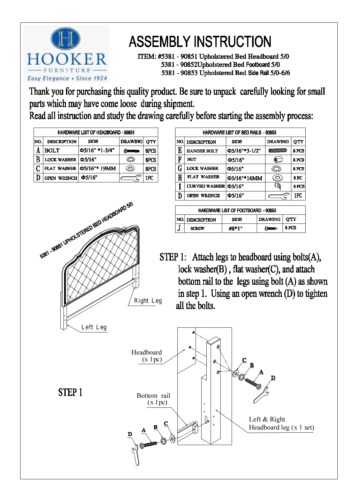 Hooker Furniture 5381908BED Assembly Guide