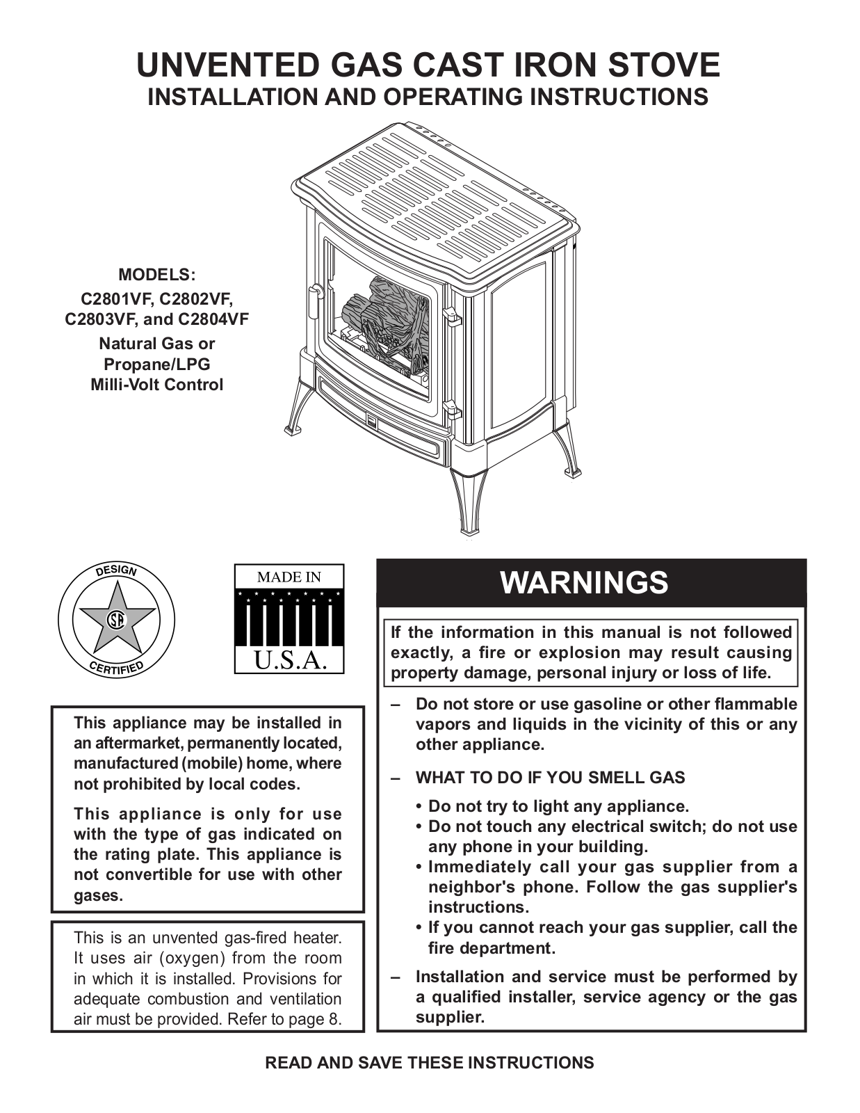 Monessen Hearth C2803VF, C2804VF, C2802VF, C2801VF User Manual