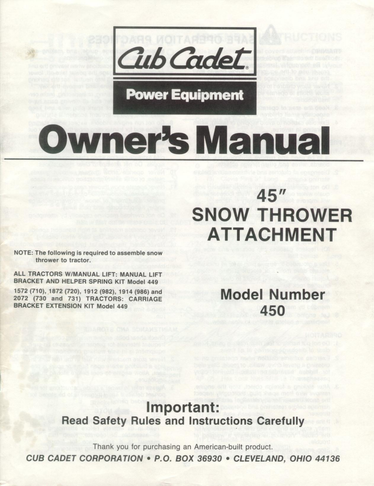 Cub Cadet 450 User Manual