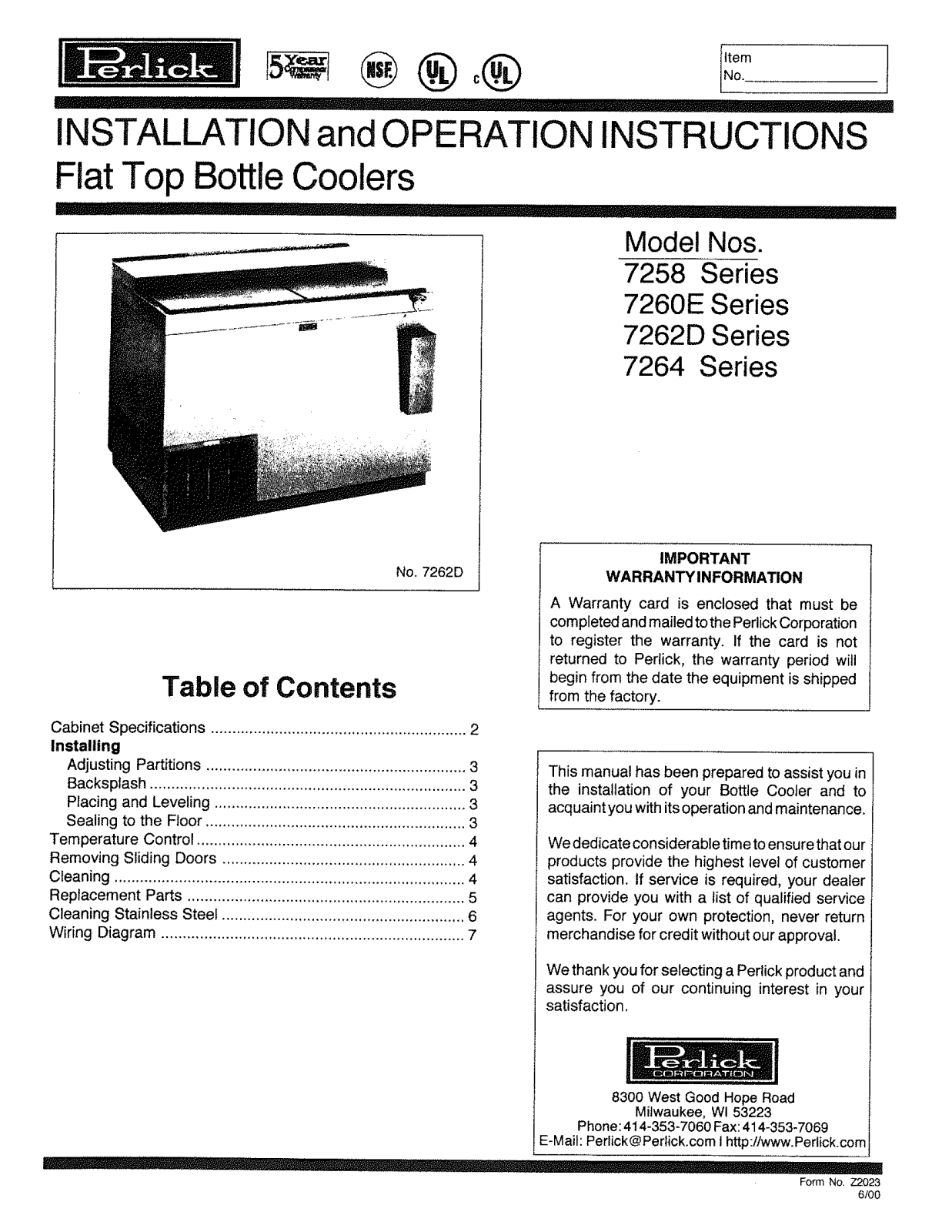 Perlick 7260E Service Manual