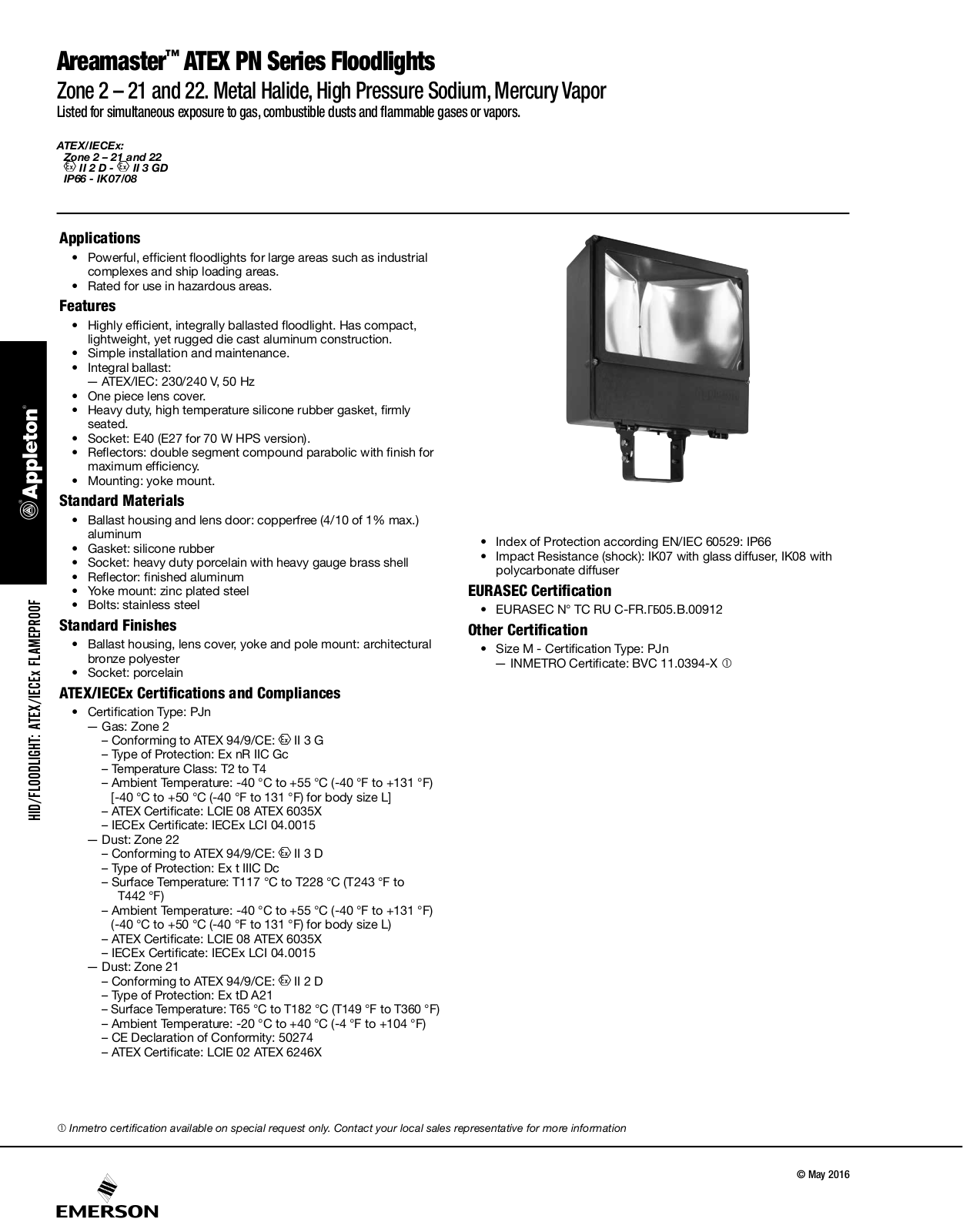 Appleton Areamaster™ ATEX PN Series Floodlights Catalog Page