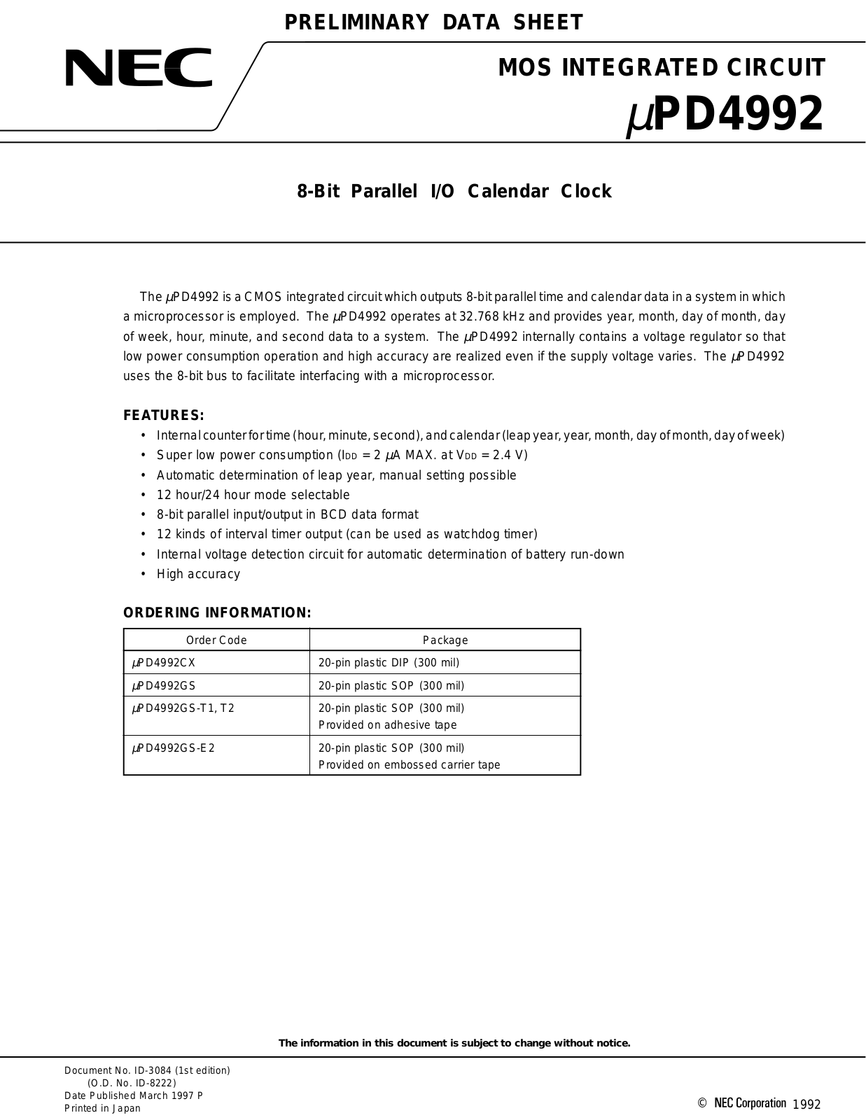 NEC UPD4992GS-T2, UPD4992GS-T1, UPD4992GS-E2, UPD4992GS, UPD4992CX Datasheet