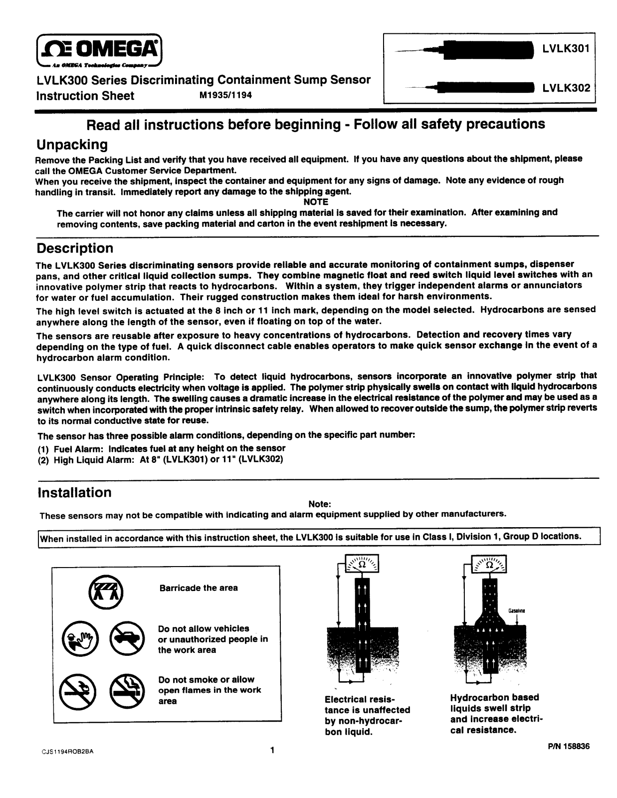 Omega Products LVLK301 Installation  Manual