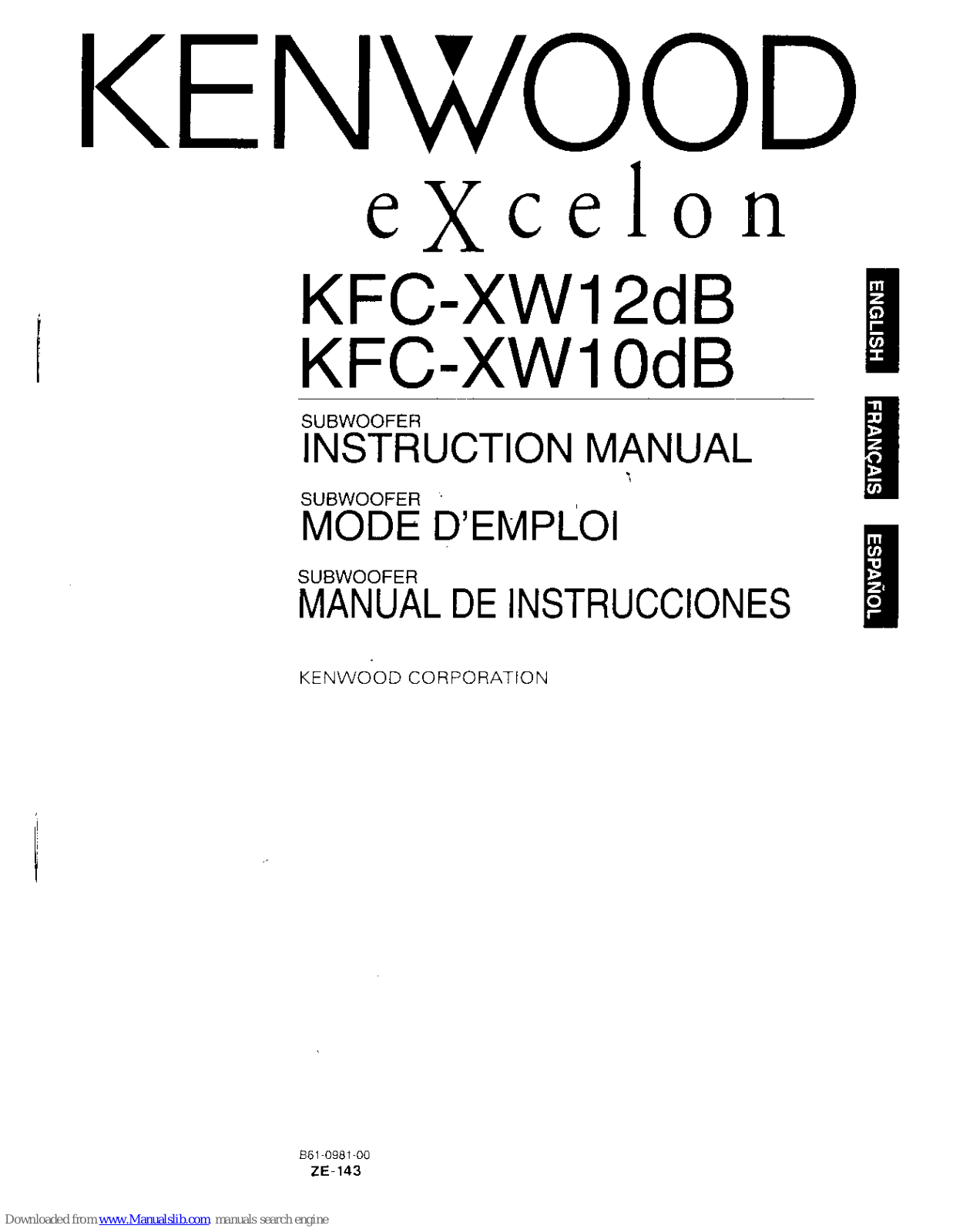 Kenwood Excelon KFC-XW10dB, Excelon KFC-XW12dB Instruction Manual