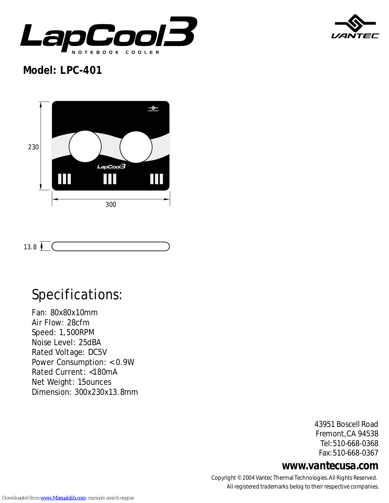 Vantec LapCool 3 LPC-401, LapCool 3, LPC-401 Specifications