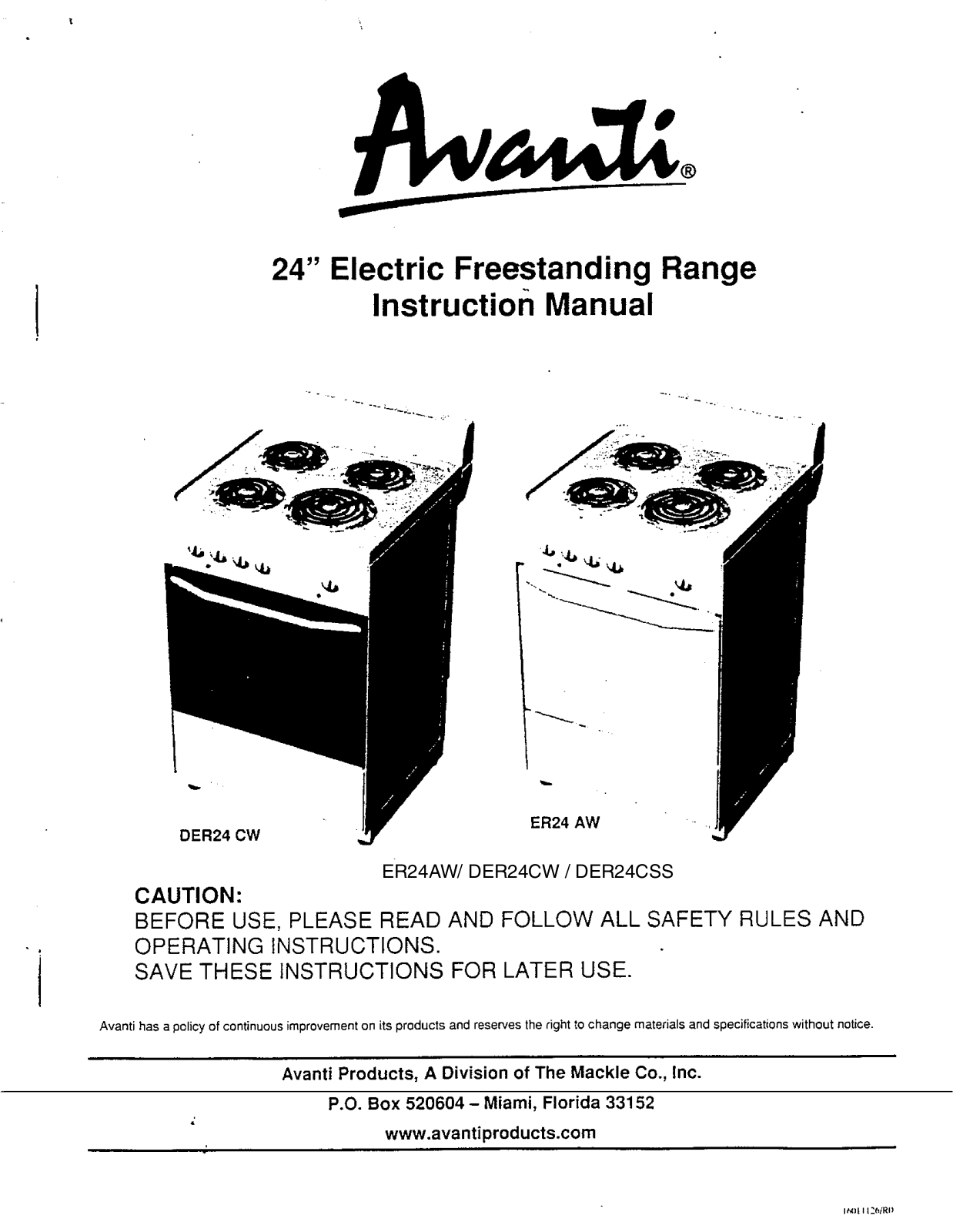 Avanti DER24CW, ER24AW User Manual