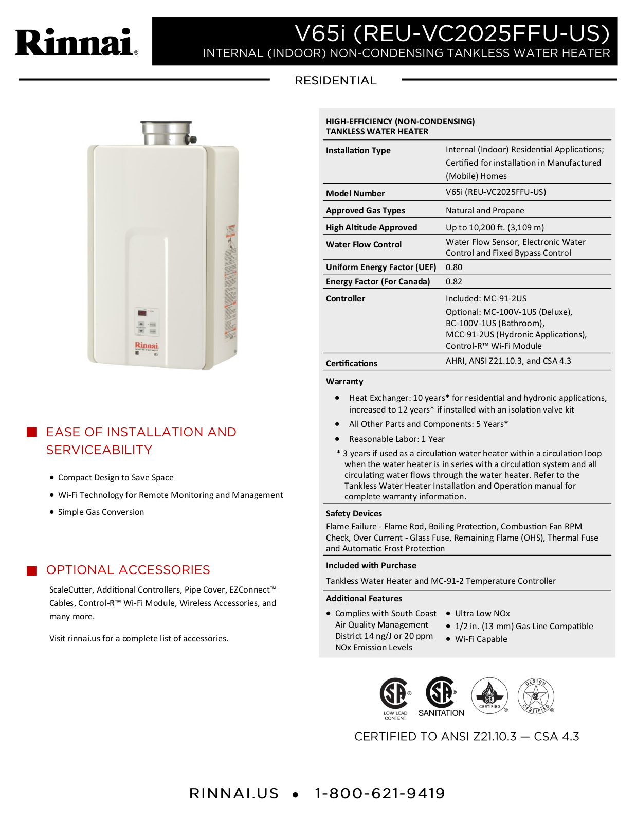 Rinnai Water Heater V65iN Specifications