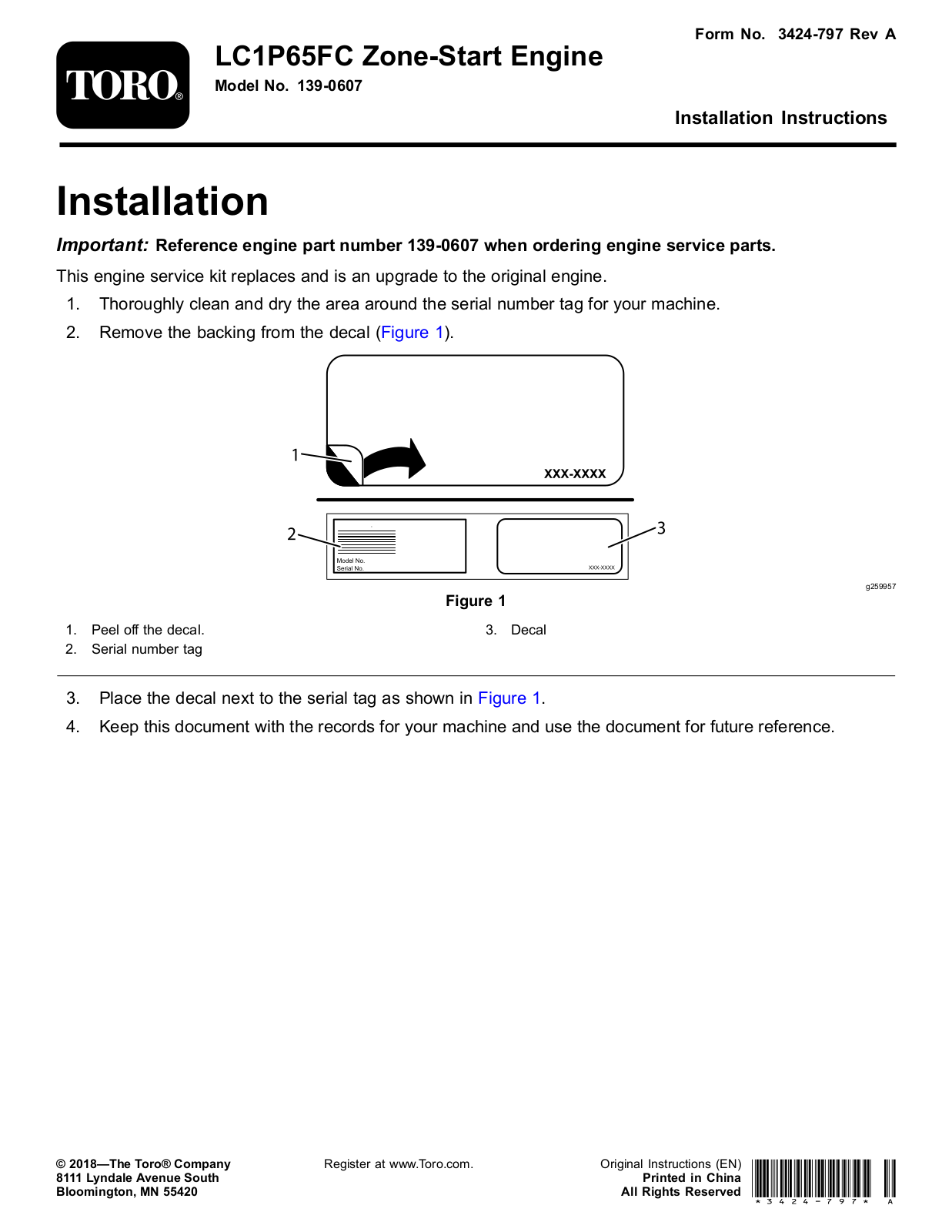 Toro 139-0607 Installation Instructions