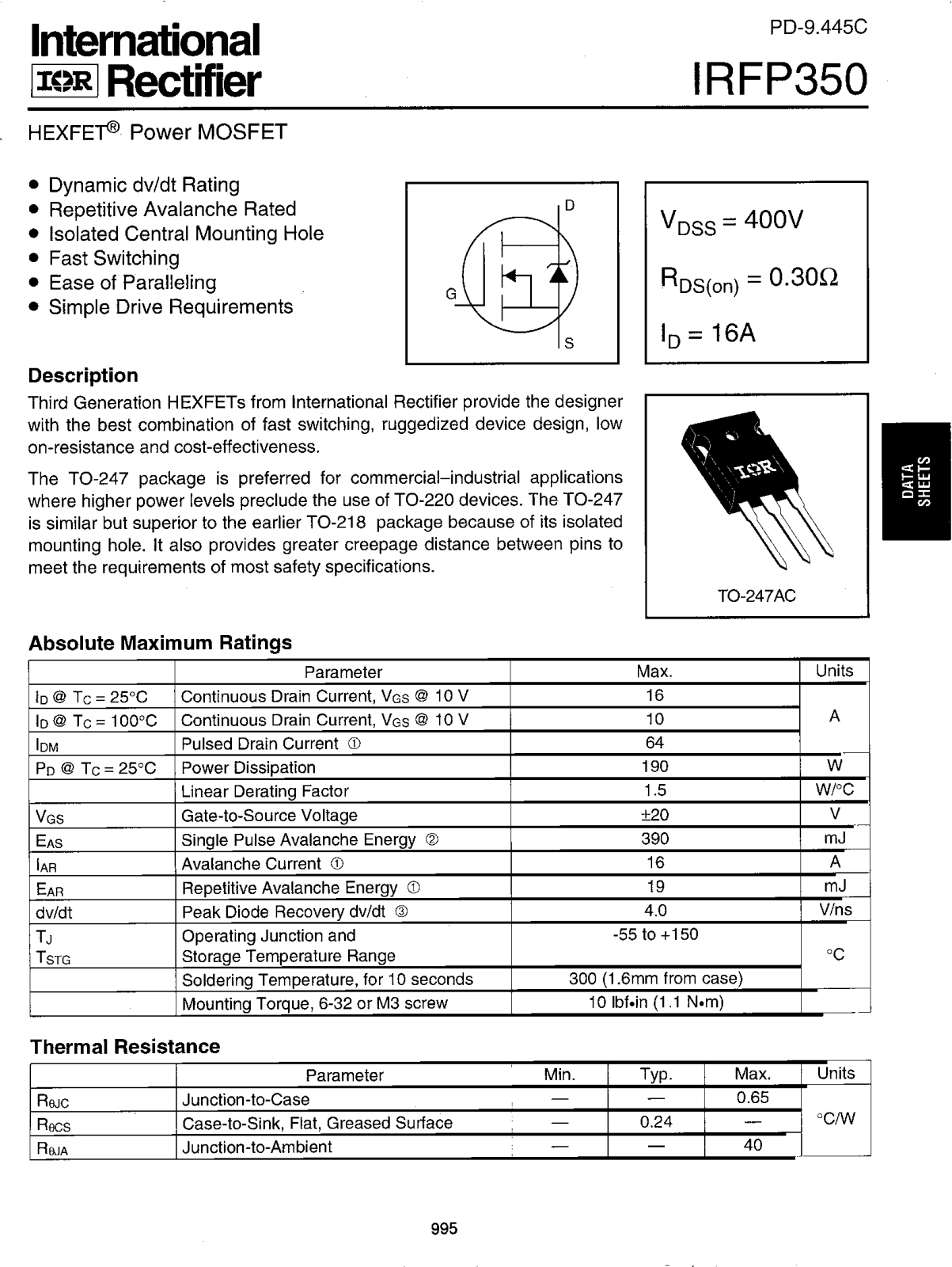 International Rectifier IRFP350 Datasheet