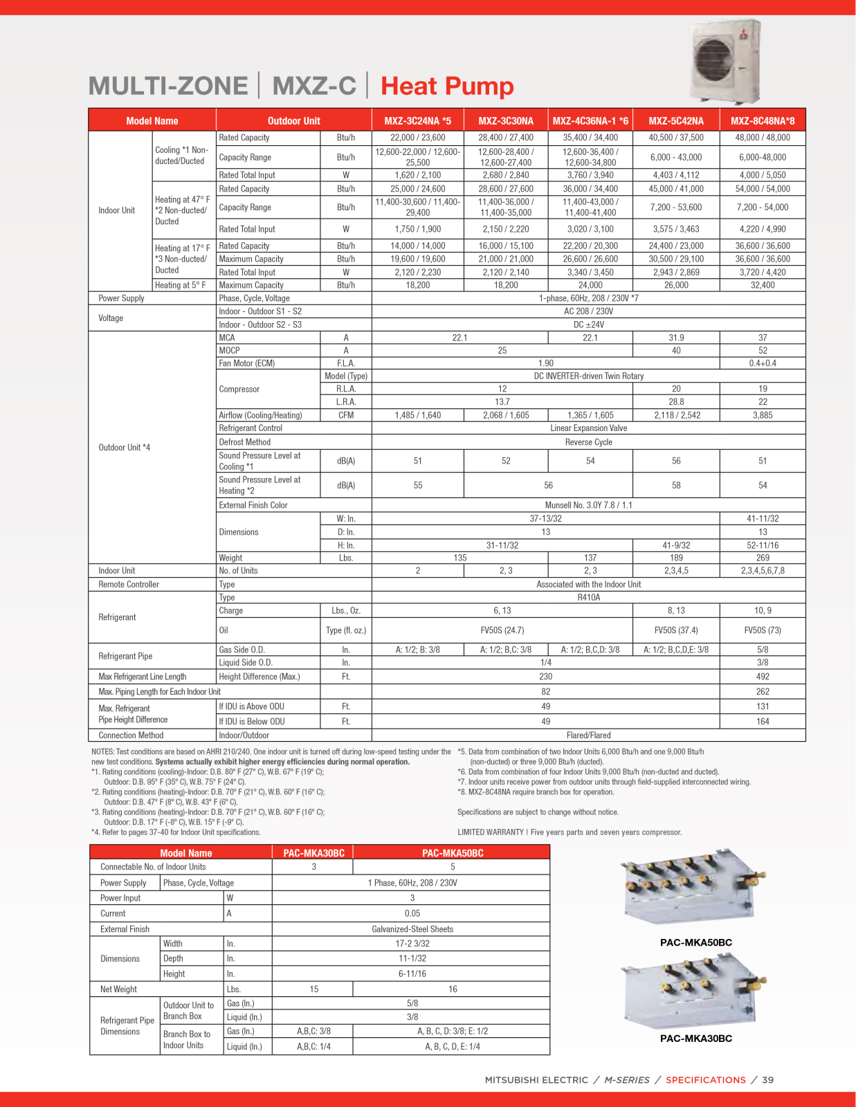 Mitsubishi MXZ8C48NA Specifications