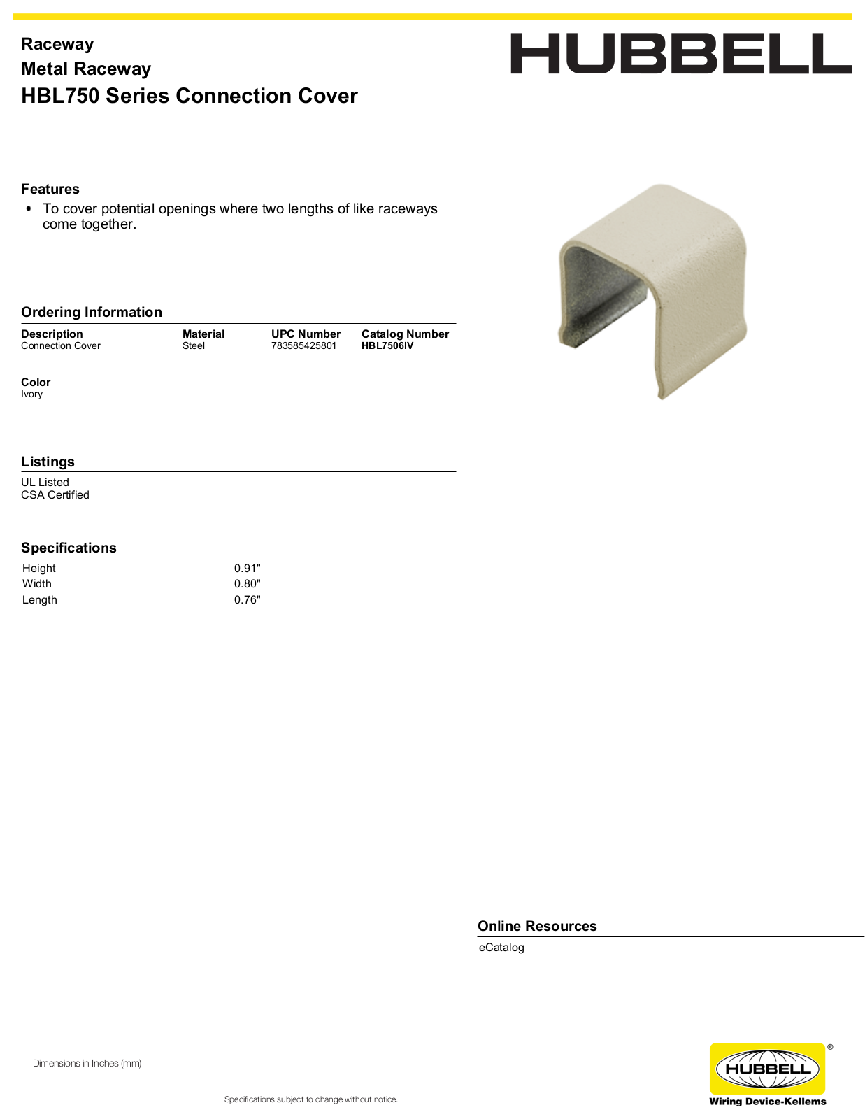 Hubbell HBL7506IV Specifications