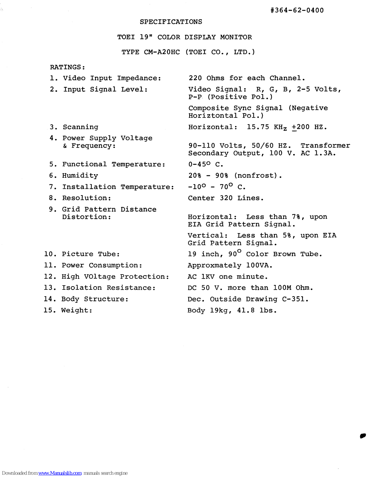 Toei CM-A20HC Specifications - ManualMachine.com