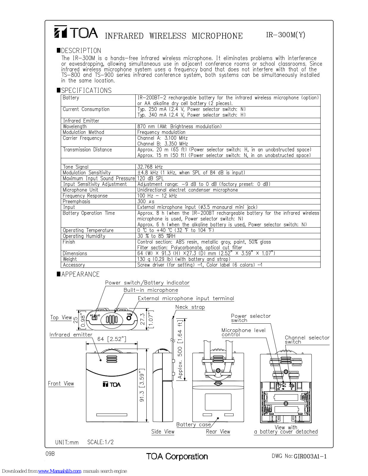 Toa IR-300M, IR-300MY Specification