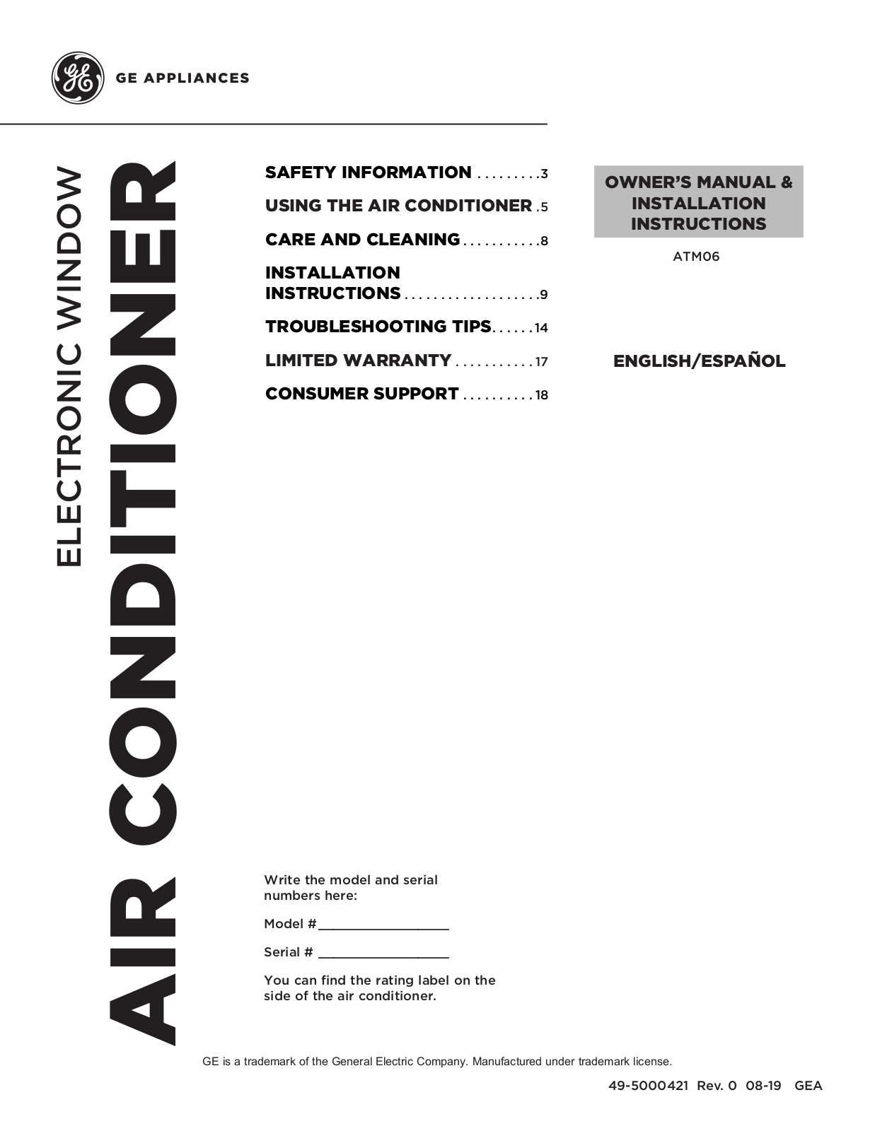 GE ATM06 Owner’s Manual & Installation Instructions