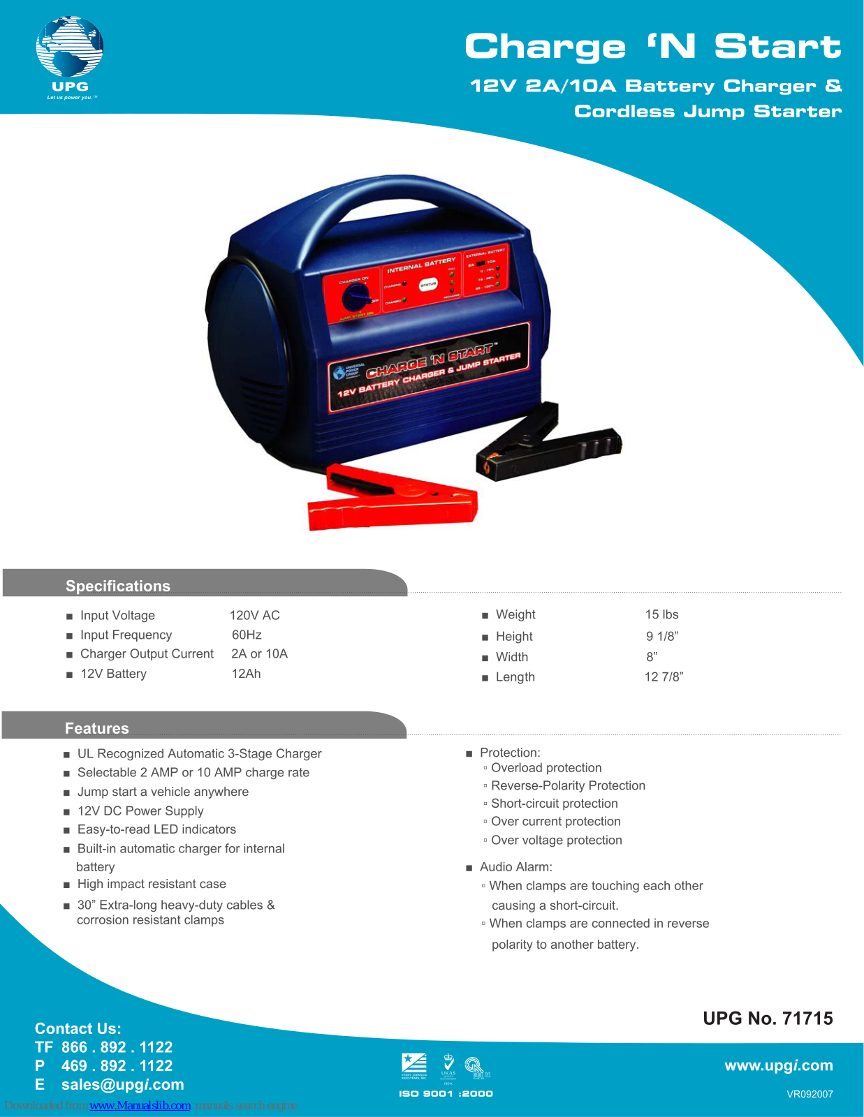 Universal Electronics Charger 'N Start RvAC118, Charger 'N Start Specification Sheet