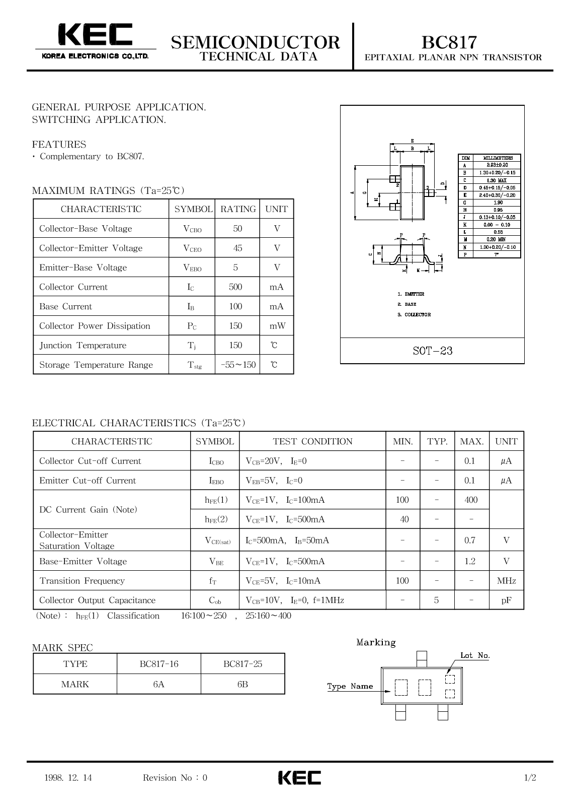 Korea Electronics Co  Ltd BC817-25, BC817-16 Datasheet