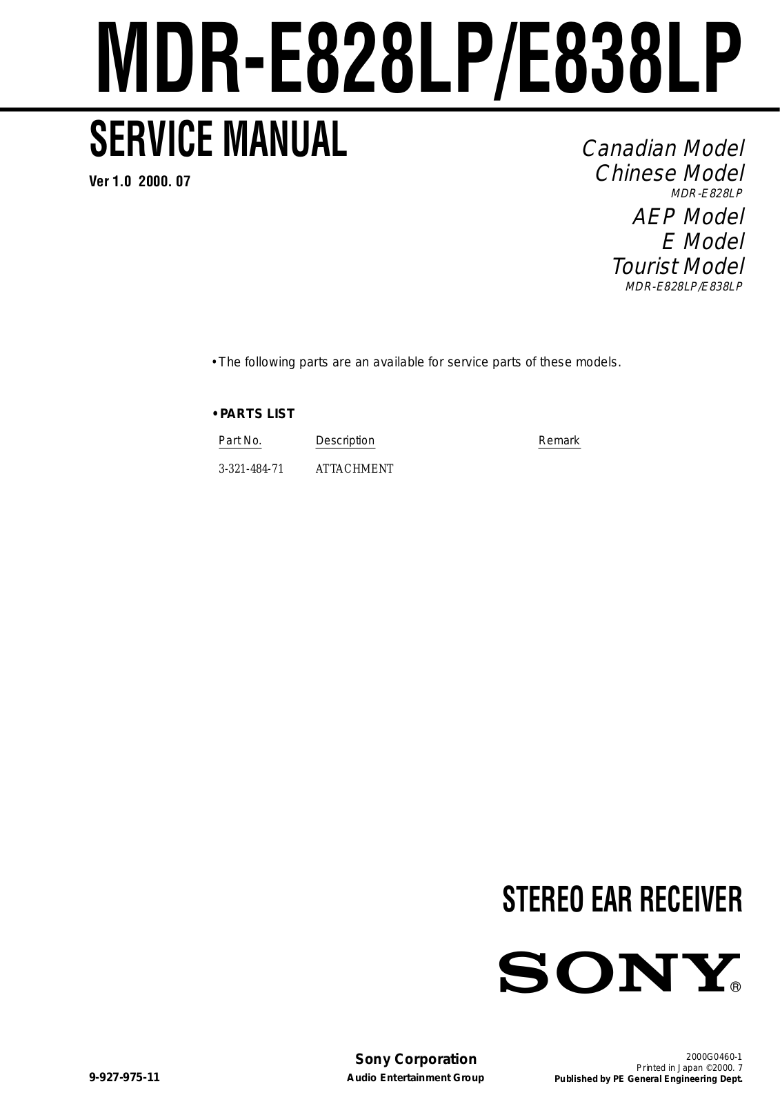 Sony MDR-E828LP, MDR-E838LP Service Manual