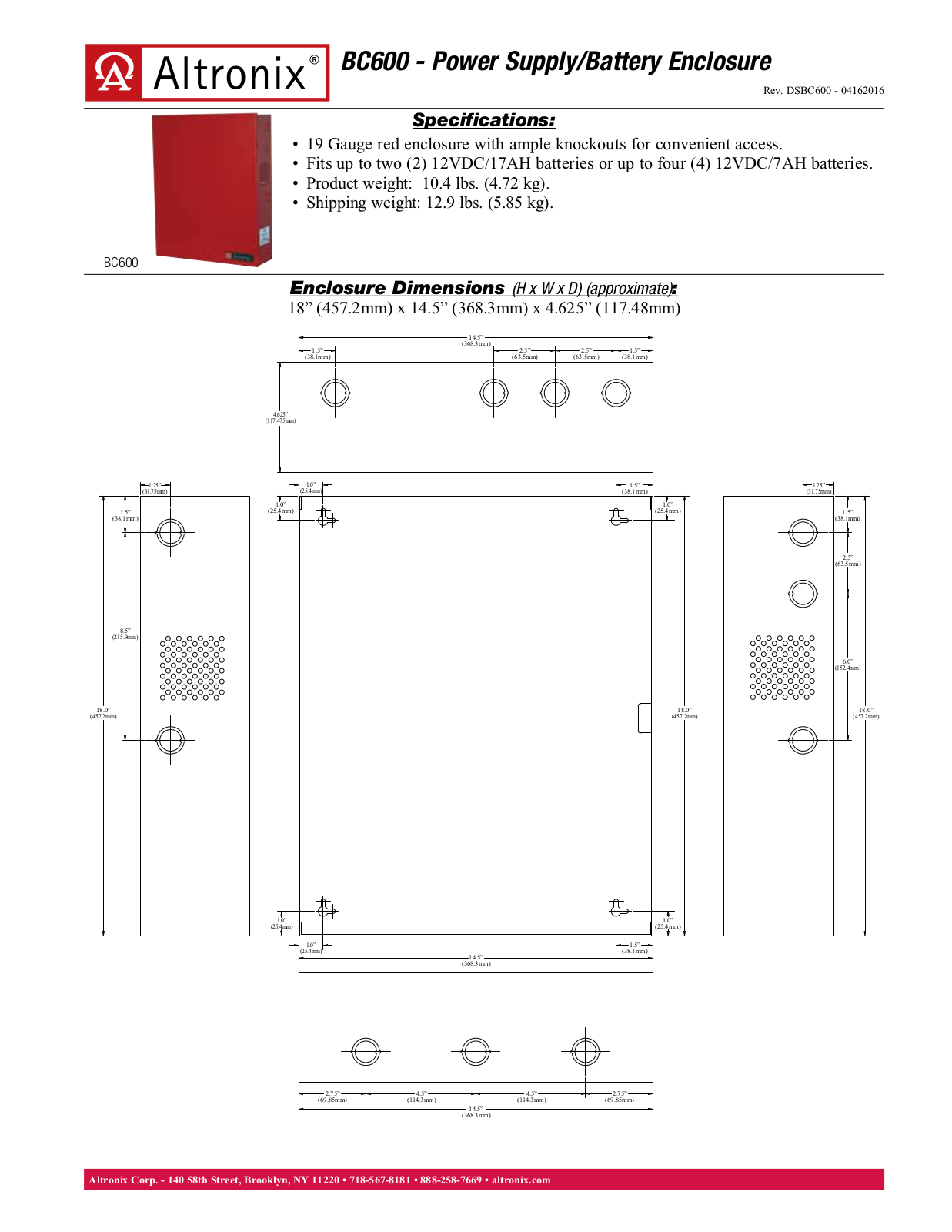 Altronix BC600 Specsheet