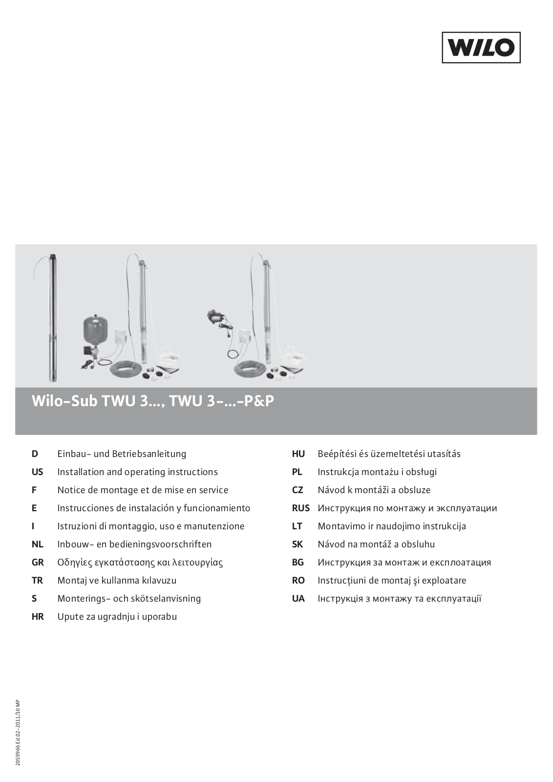 Wilo TWU 3-0123, TWU 3-P&P Series, TWU 3-0123-Plug&Pump/FC, TWU 3-0115-Plug&Pump/FC, TWU 3-0115-Plug&Pump/DS Installation And Operating Instructions Manual