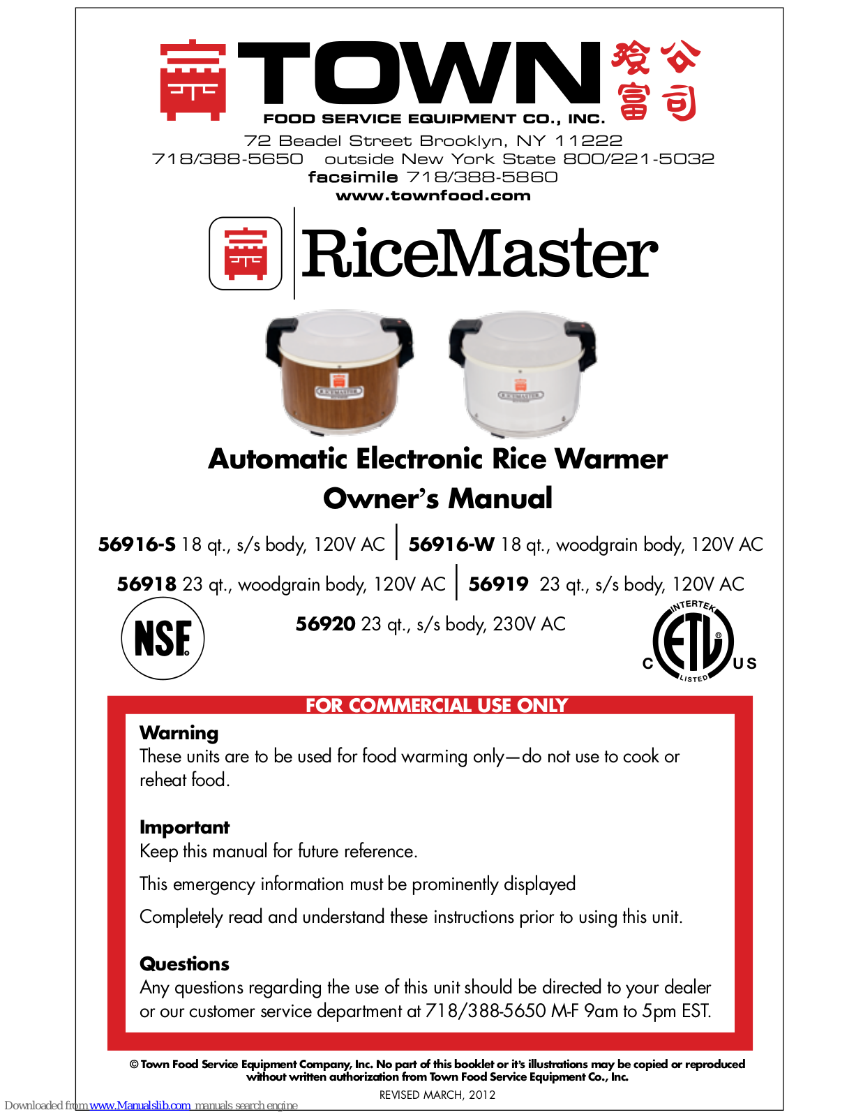 Town Food Service Equipment RiceMaster 56916-S, RiceMaster 56918, RiceMaster 56916-W, RiceMaster 56919, RiceMaster 56920 Owner's Manual