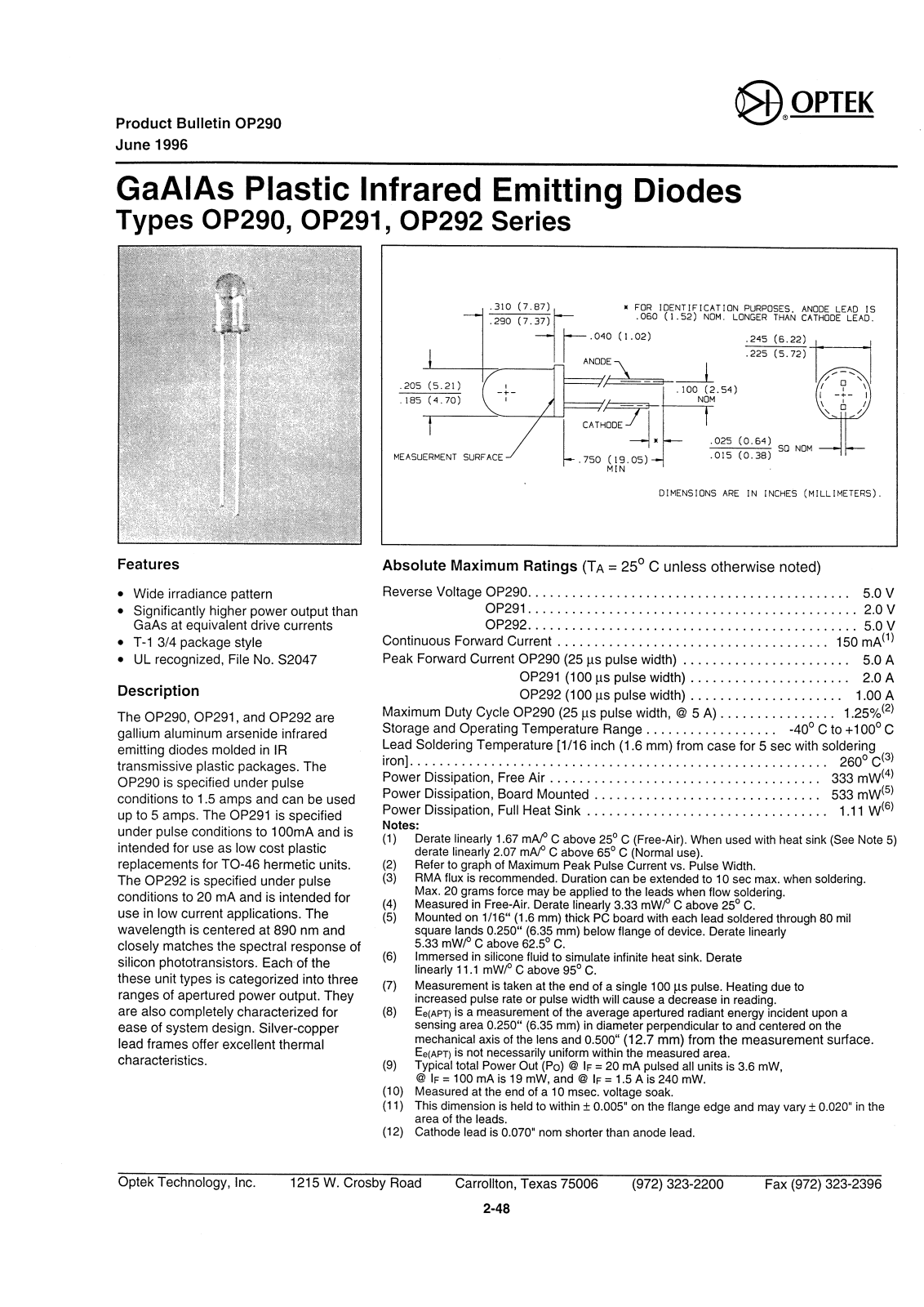 OPTEK OP291, OP291B, OP292, OP292B, OP290B Datasheet