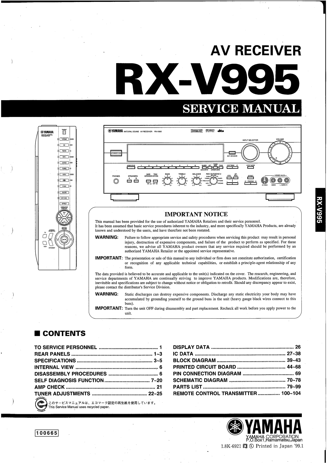 Yamaha RXV-995 Service manual