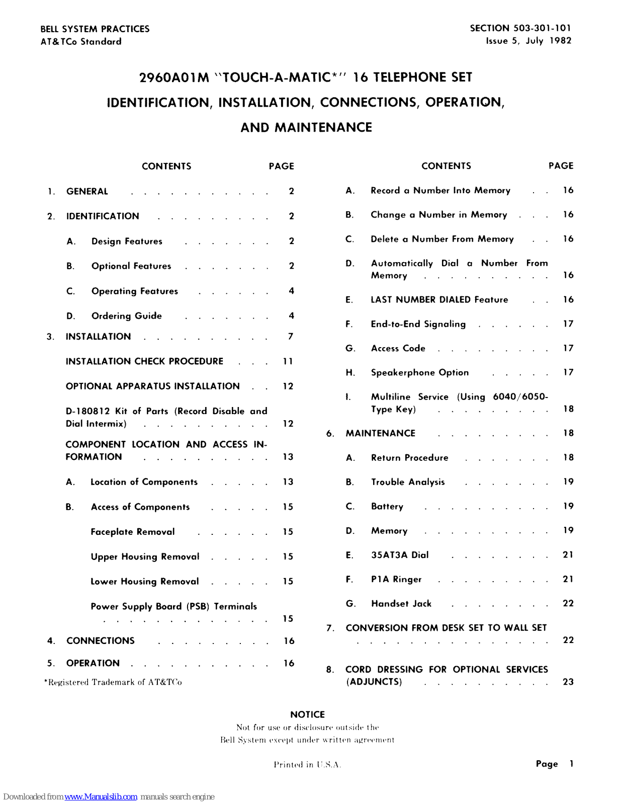 Bell System 2960A01M Installation, Operation And Maintenance Instructions - ManualMachine.com