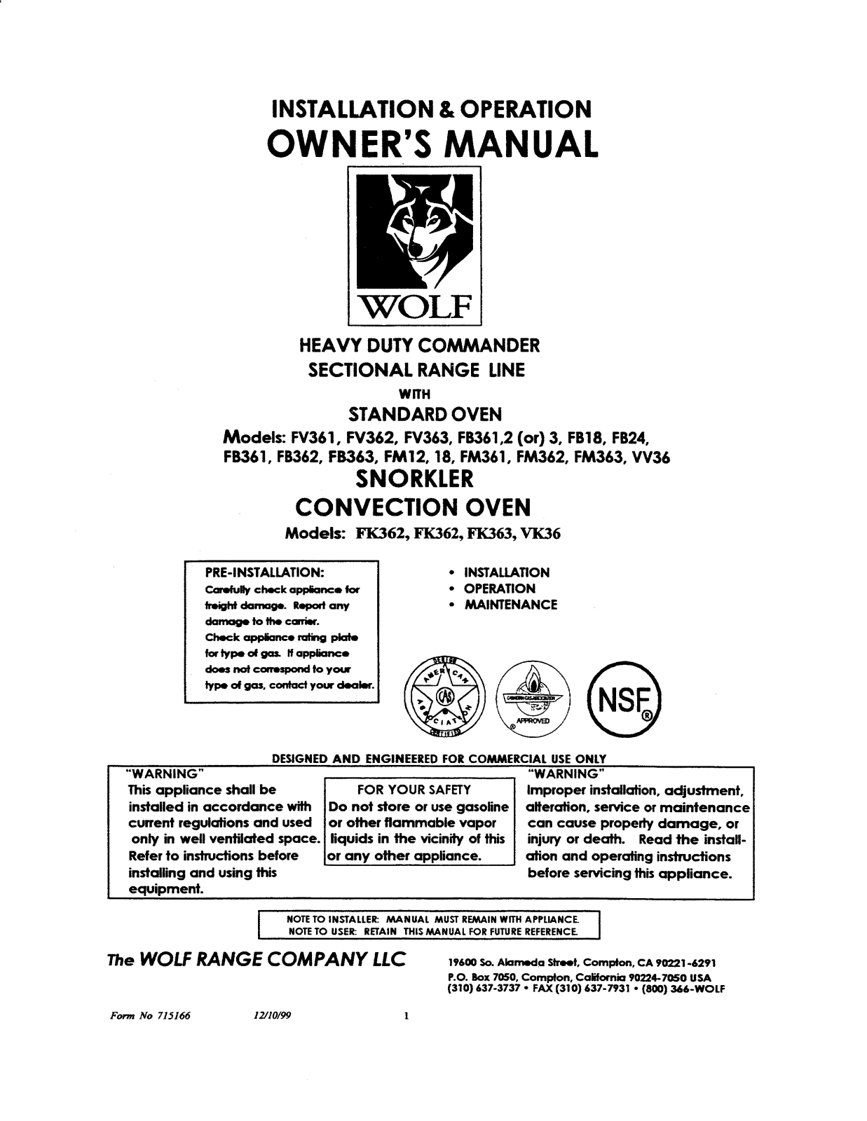 Wolf Range FB18 Service Manual