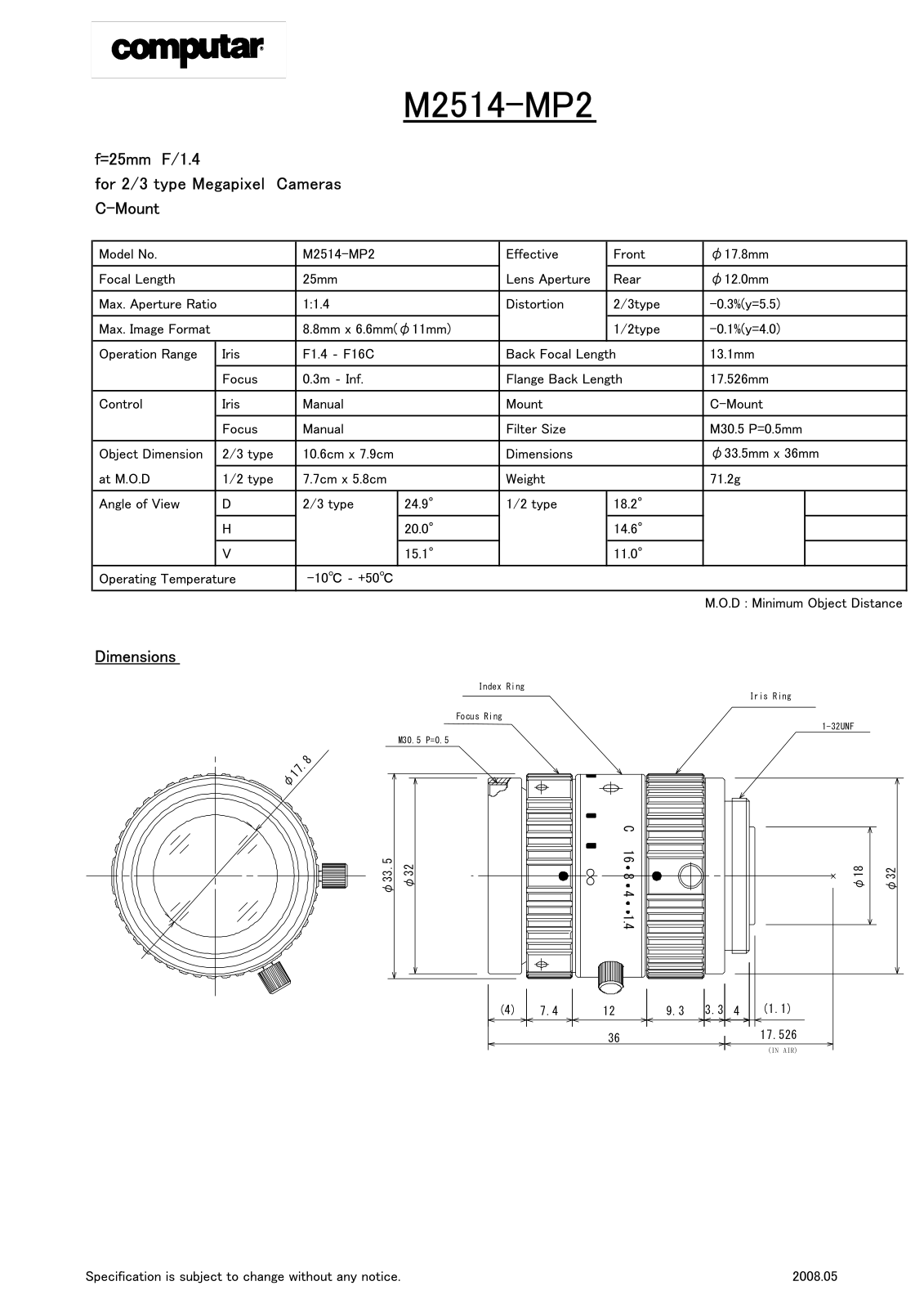 Computar M2514-MP2 Specsheet