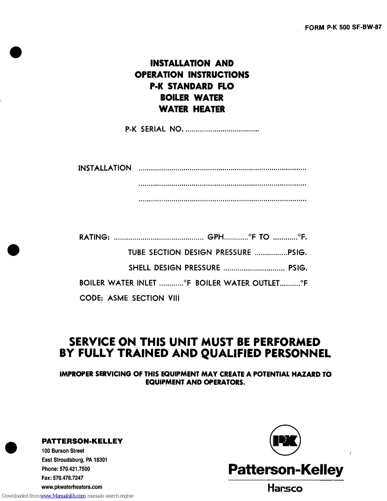 Patterson-Kelley Compact 500 Standard Flow Installation And Operation Instructions Manual