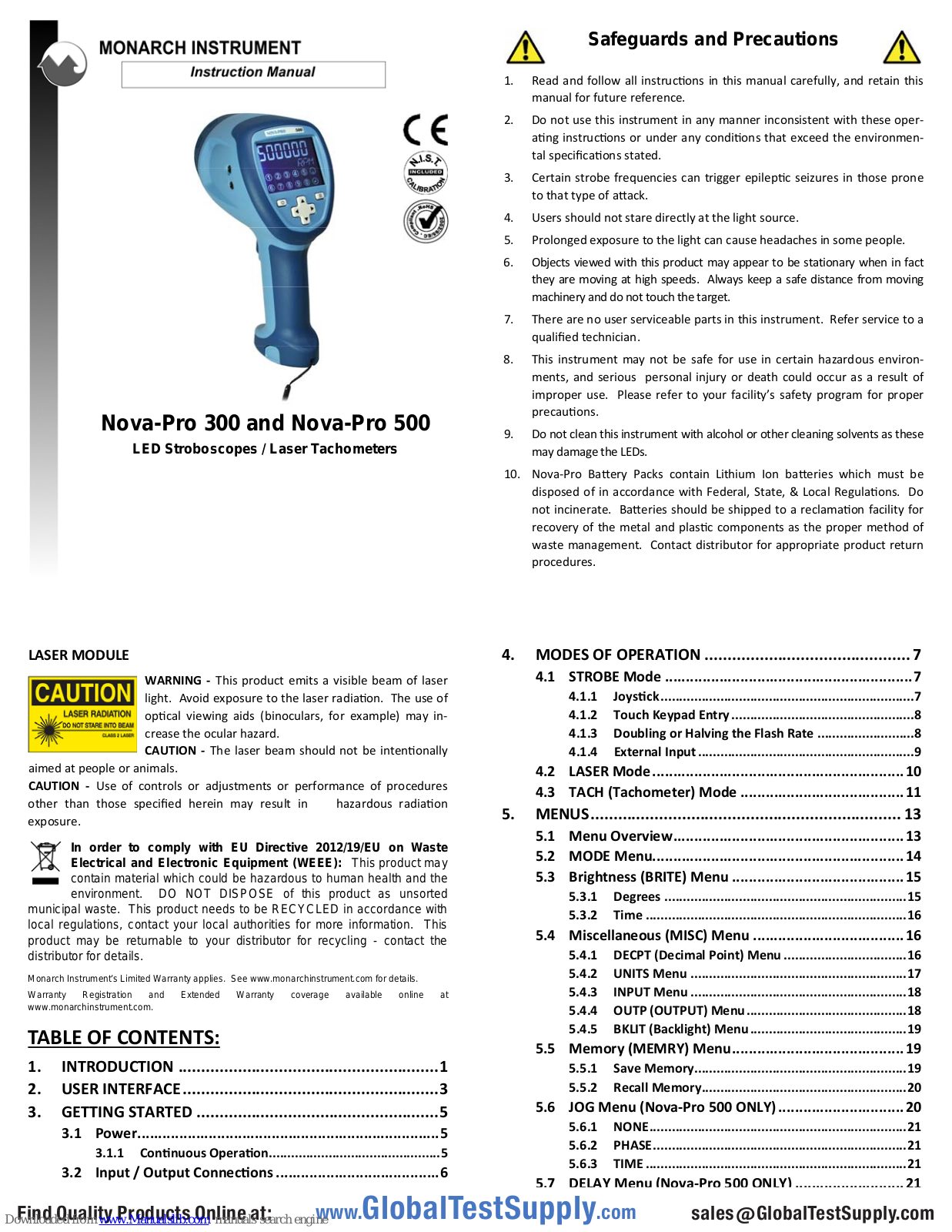 MONARCH INSTRUMENT Nova-Pro 300, Nova-Pro 500 Instruction Manual