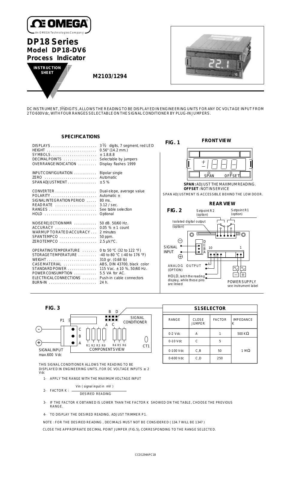 Omega Products DP18-DV6 Installation  Manual