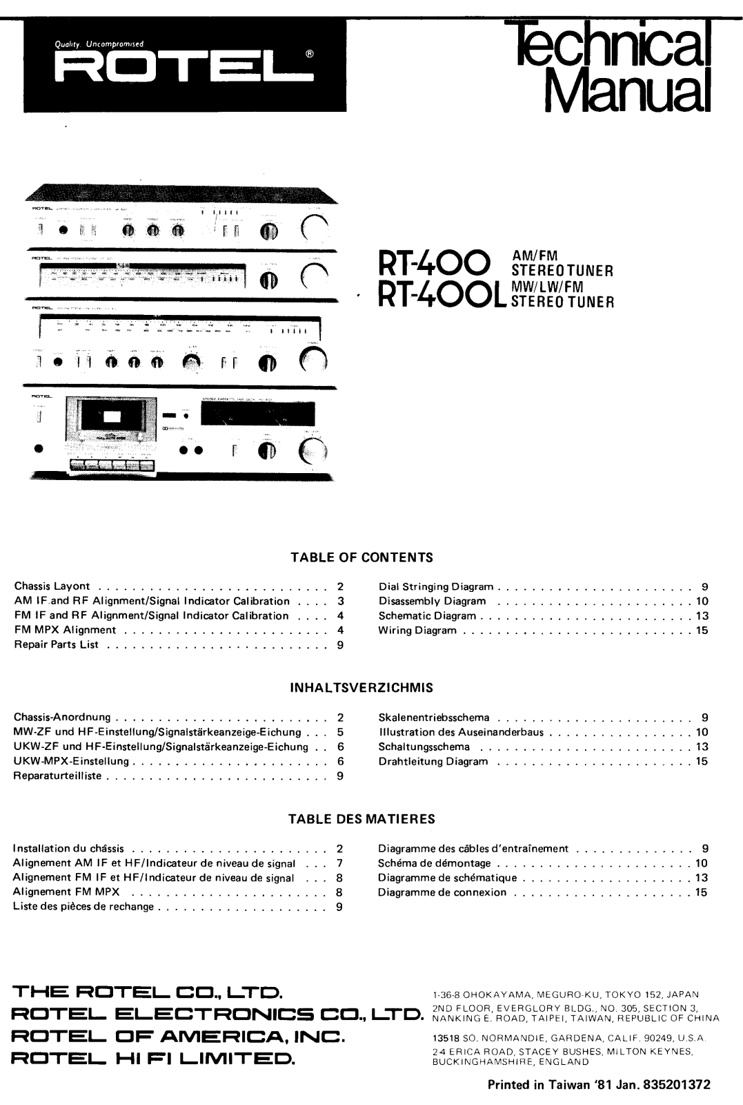 Rotel RT-400, RT-400-L Service manual