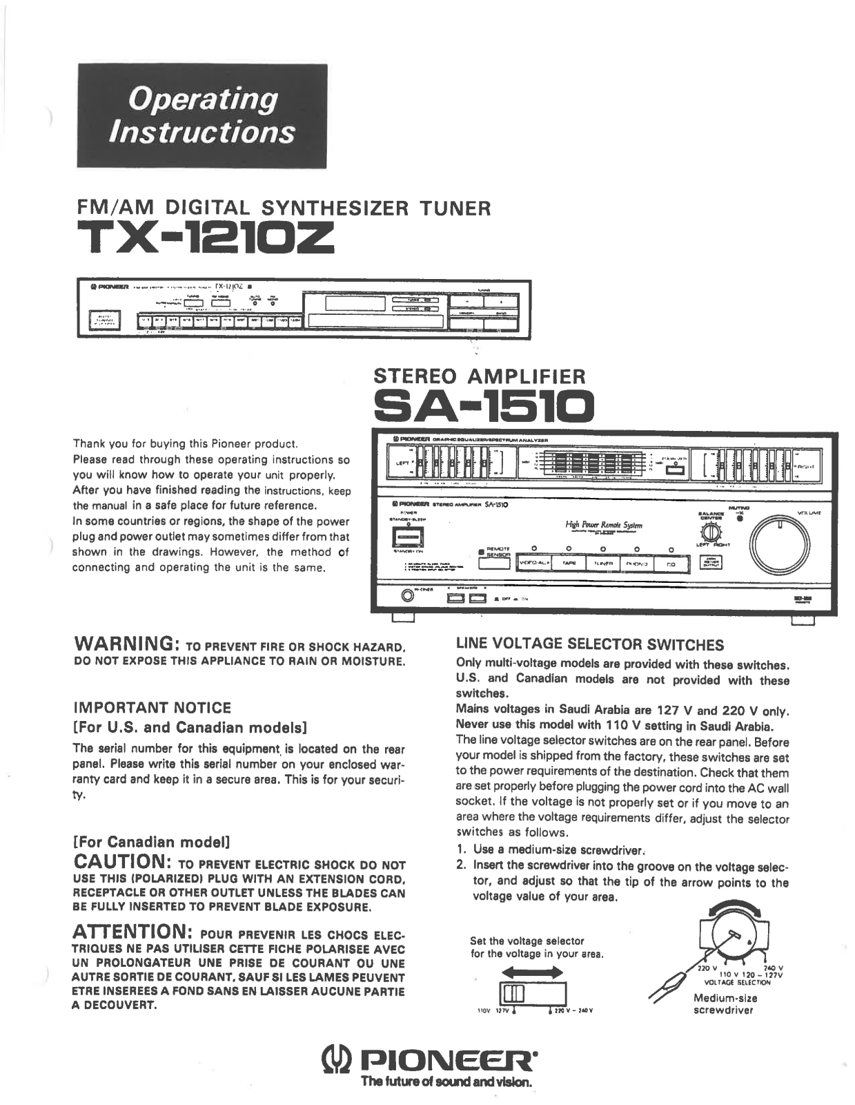 Pioneer TX-1210Z, SA-1510 Owners Manual