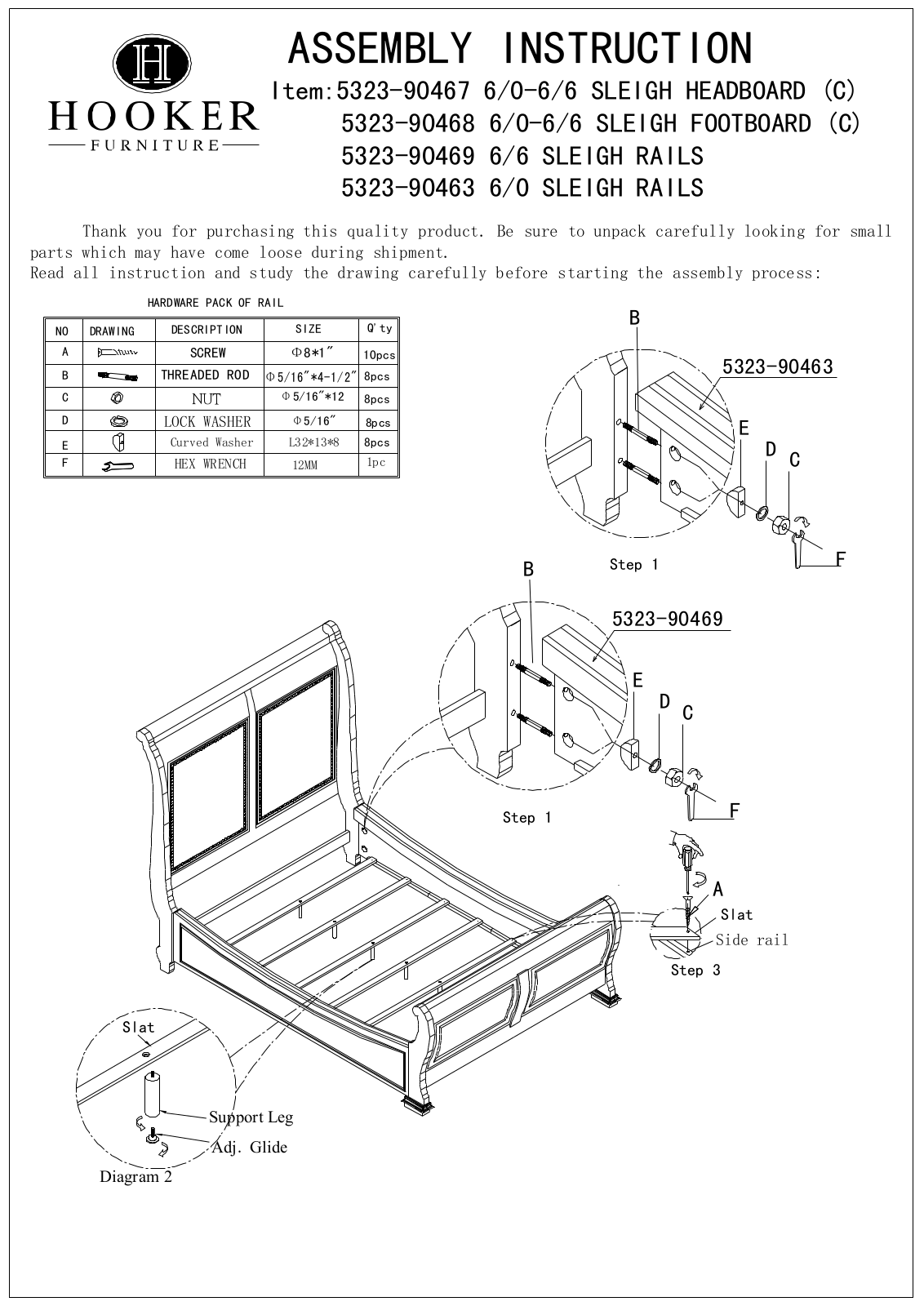 Hooker Furniture 532390466, 532390460 Assembly Guide