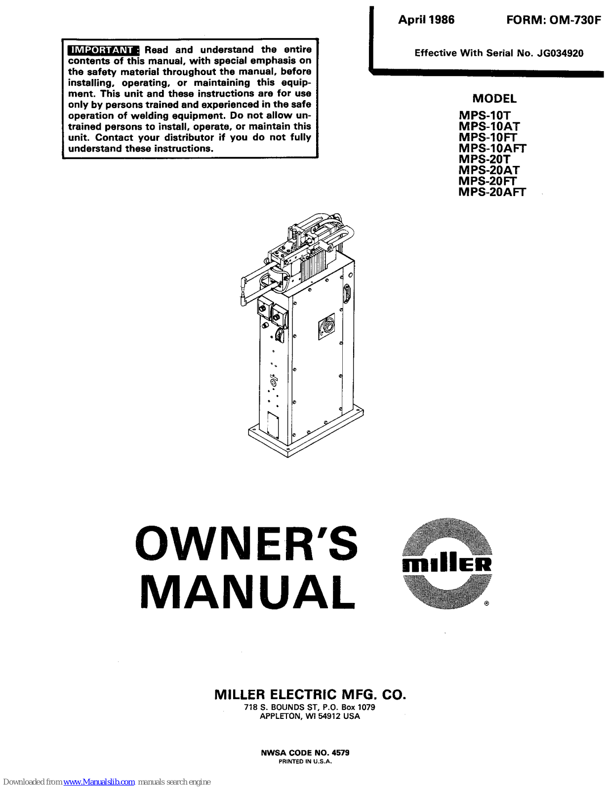 Miller Electric MPS-10T, MPS-10AFT, MPS-20T, MPS-20AT, MPS-20FT Owner's Manual