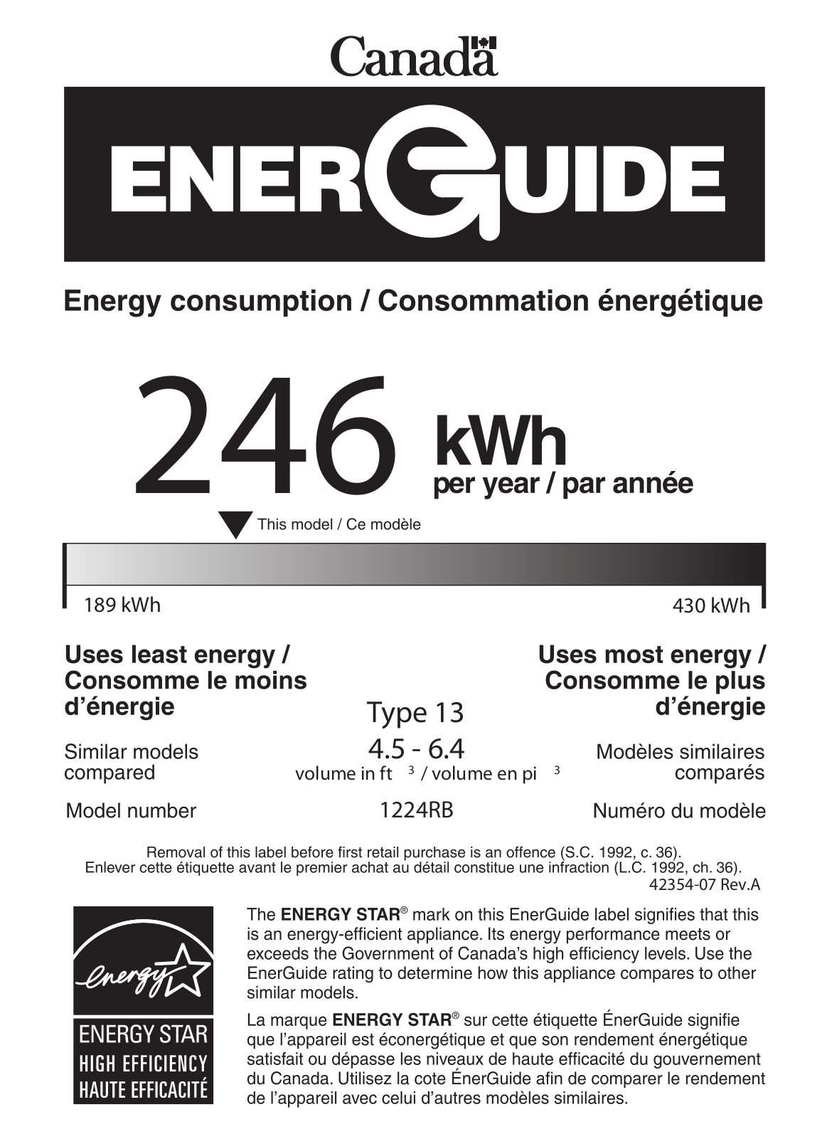 U-line U1224RS00B Energy Guide