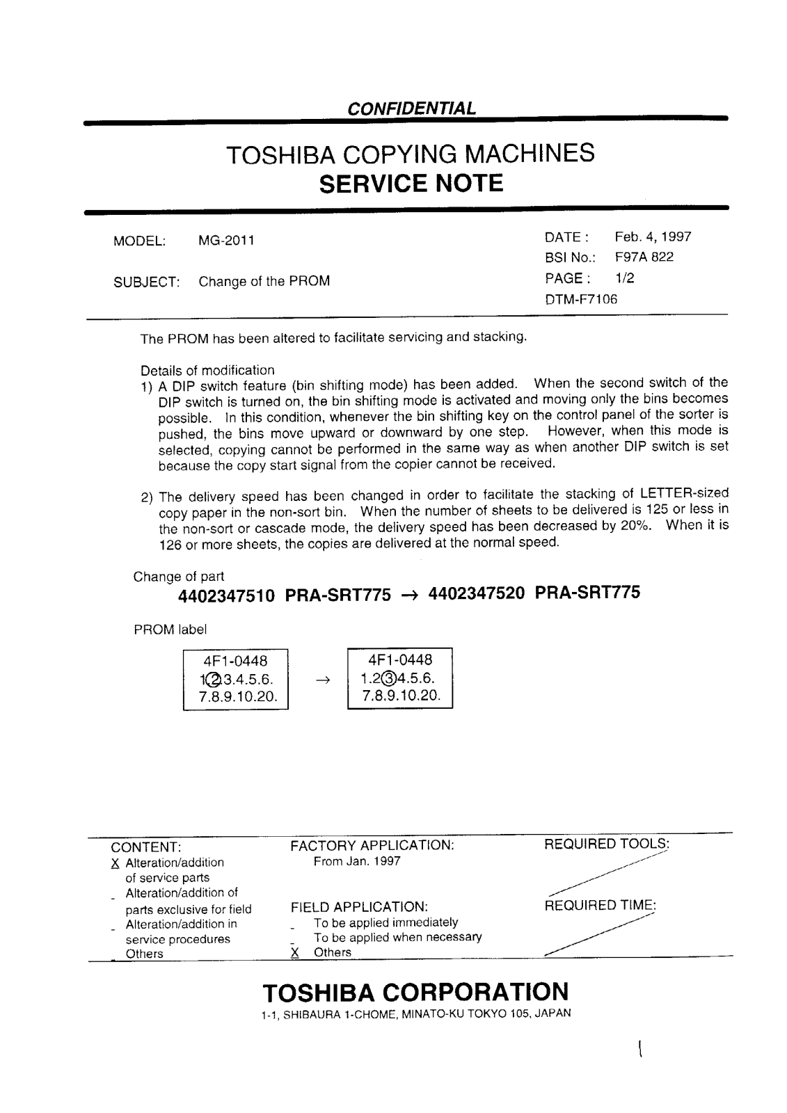 Toshiba f97a822 Service Note