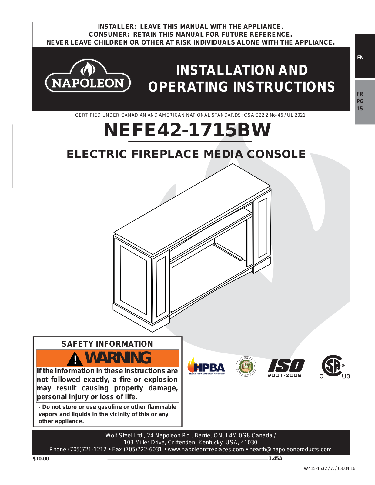 Napoleon NEFP421715BW Installation manual