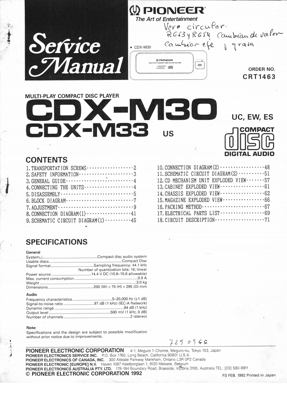 Pioneer CDXM-30, CDXM-33 Service manual
