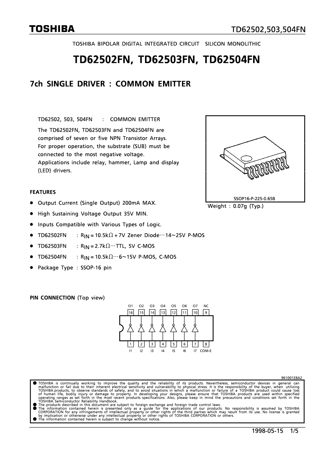 TOSHIBA TD6250FN, TD62503FN, TD62504FN Technical data