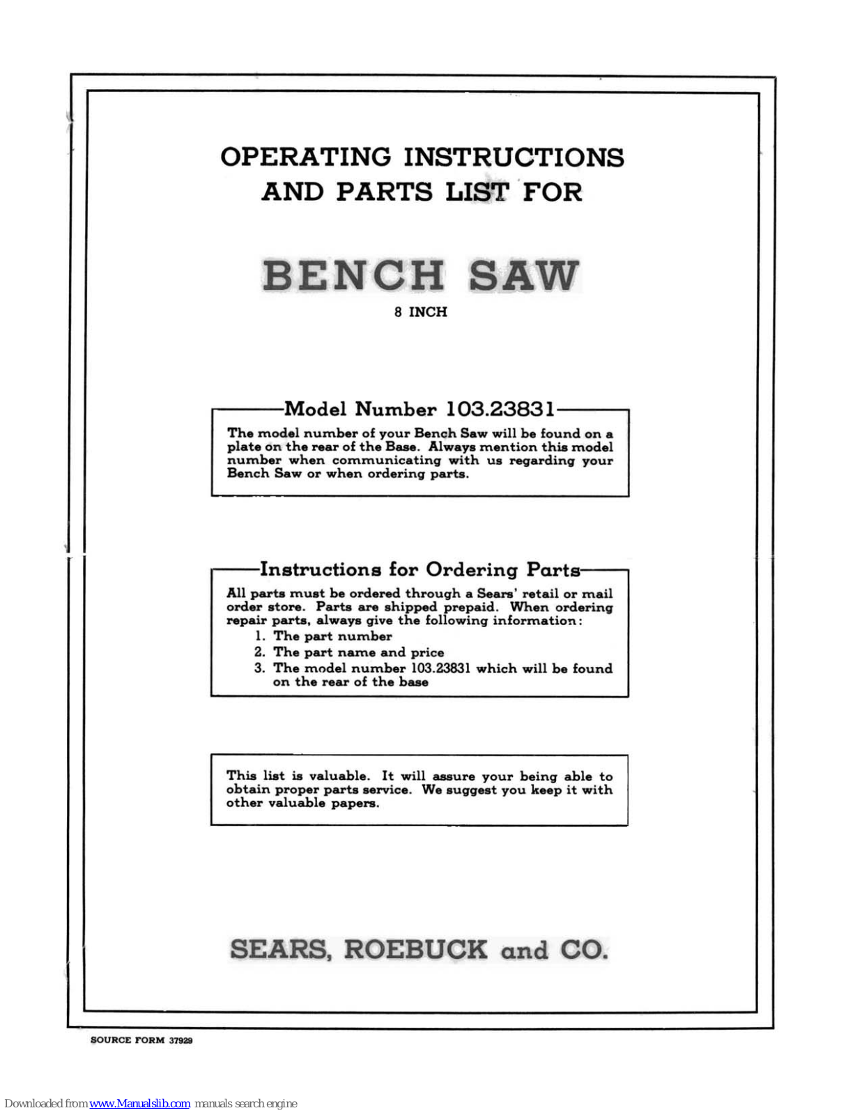 Sears, Roebuck and Co. 103.23831 Operating Instructions And Parts List Manual